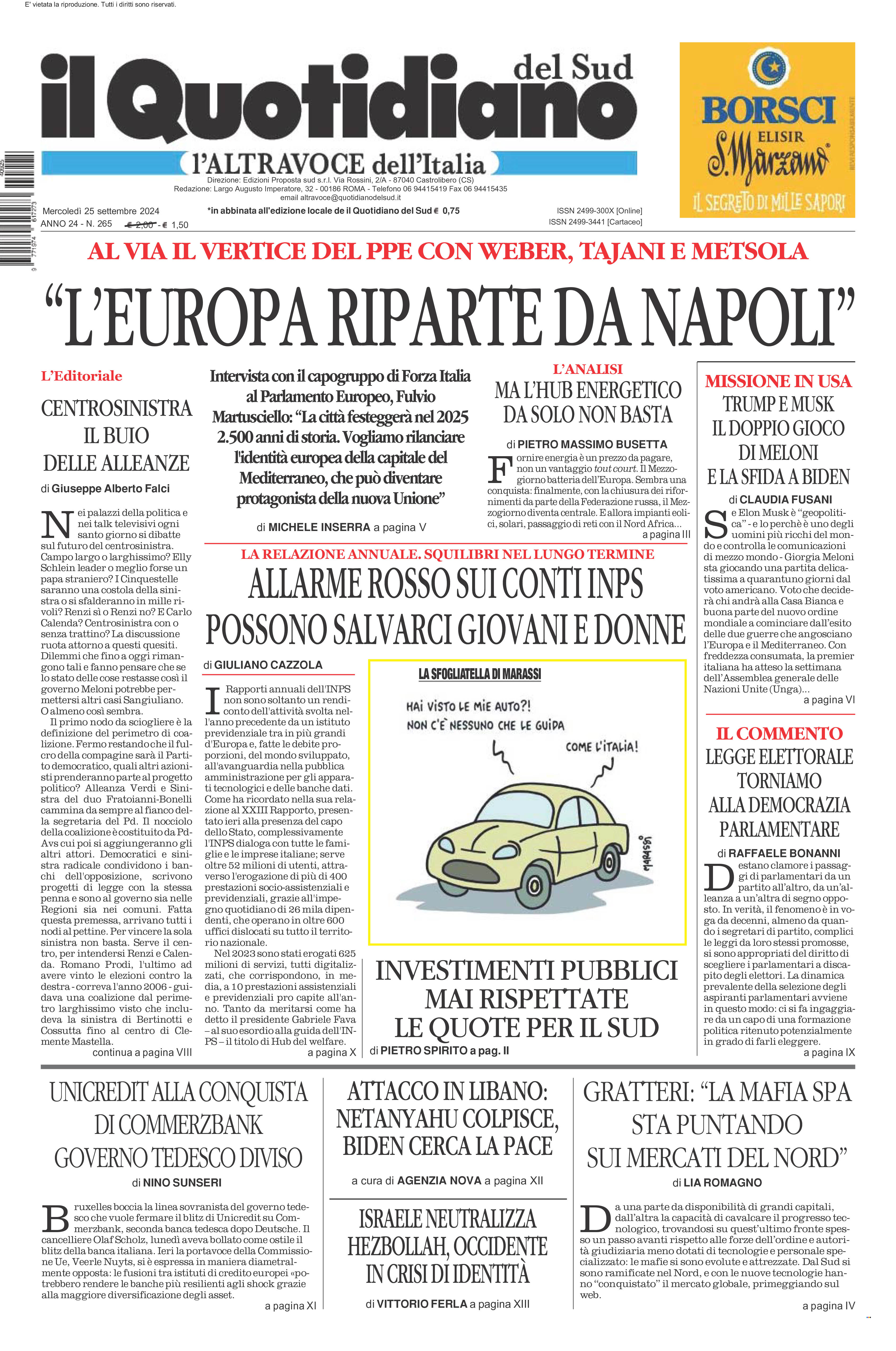 La prima pagina de l’ALTRAVOCE dell’ITALIA in edicola oggi