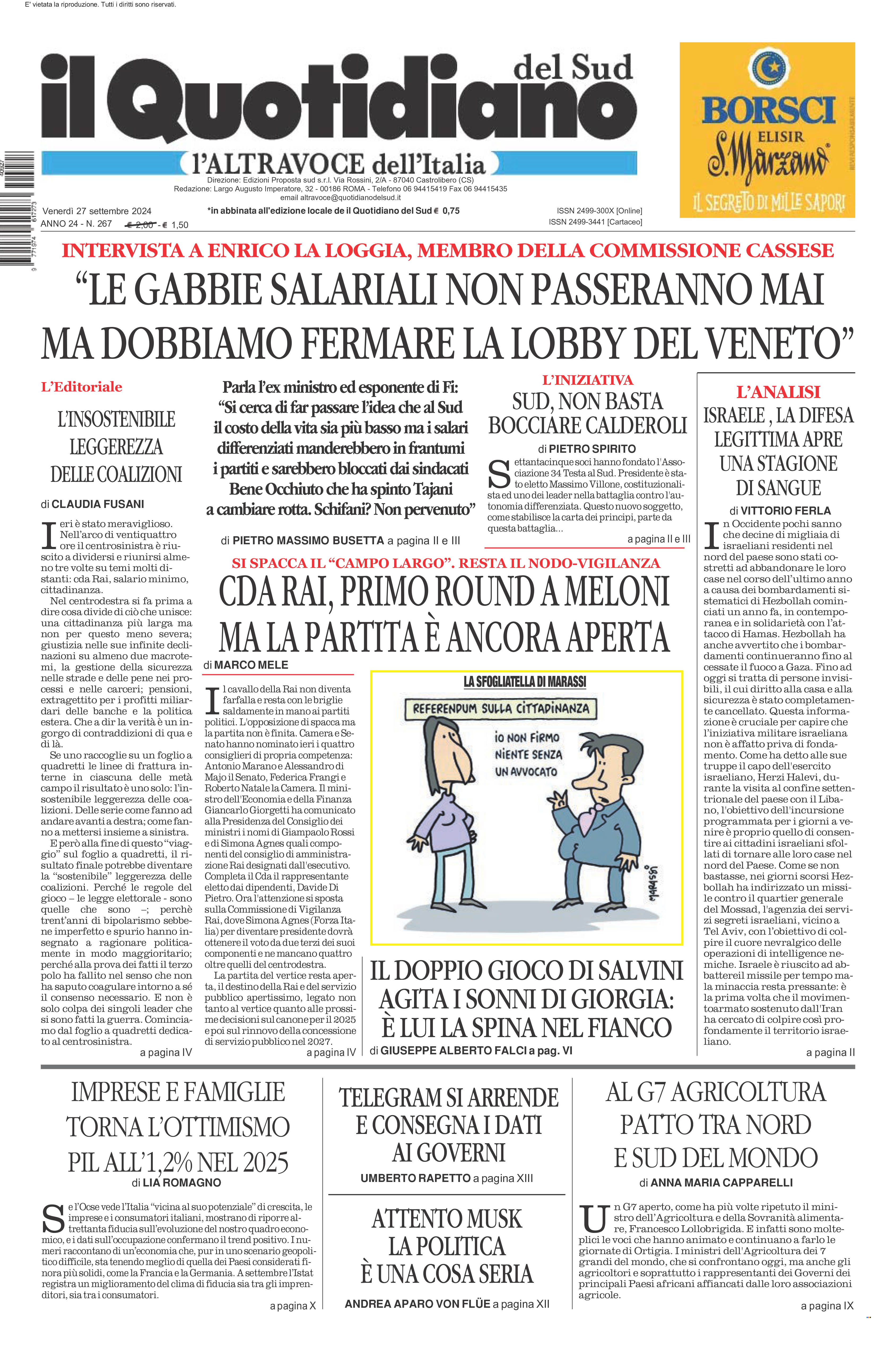 La prima pagina de l’ALTRAVOCE dell’ITALIA in edicola oggi