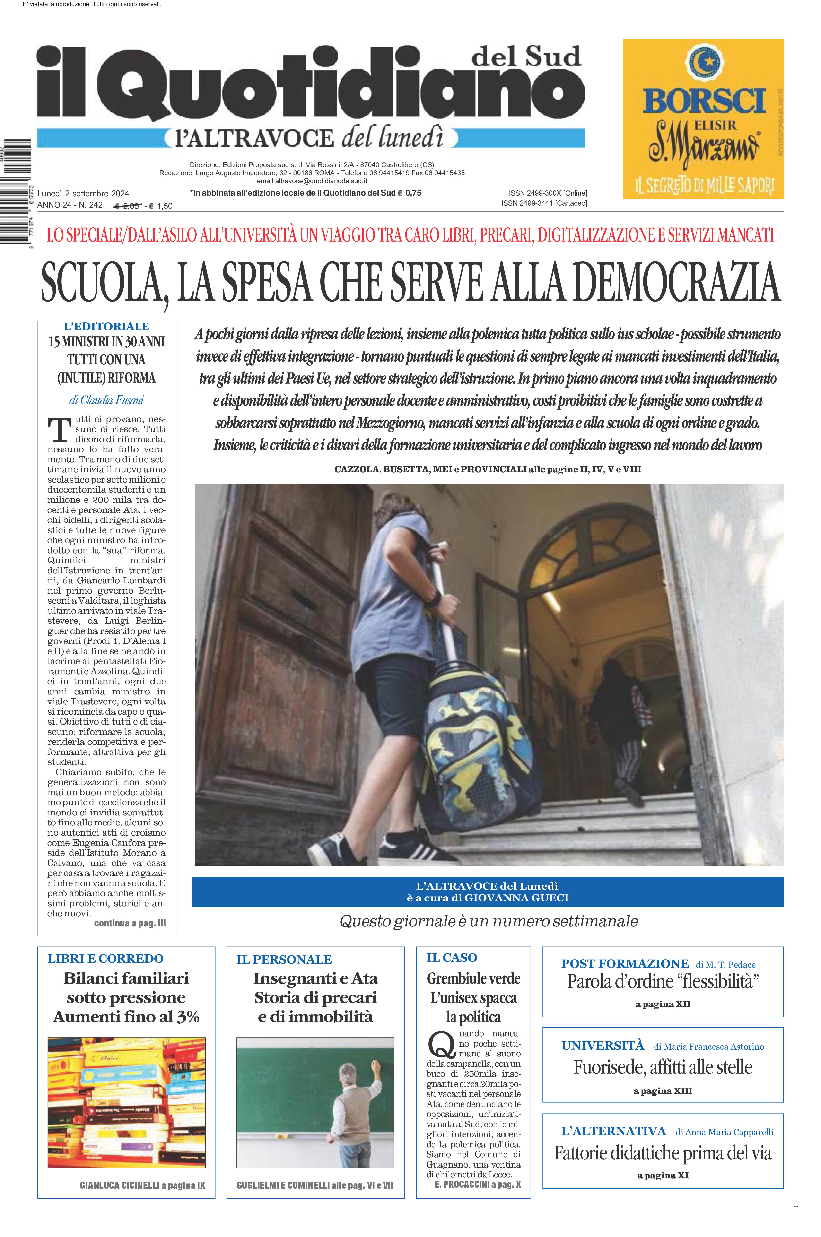 La prima pagina de l’ALTRAVOCE dell’ITALIA in edicola oggi