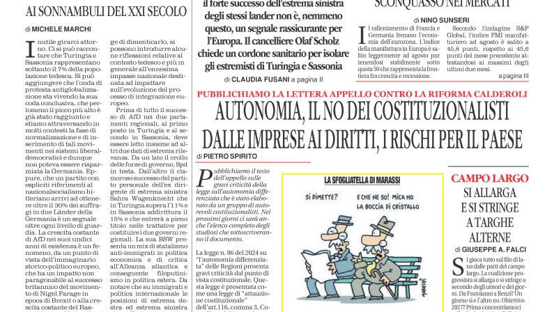 La prima pagina de l’ALTRAVOCE dell’ITALIA in edicola oggi