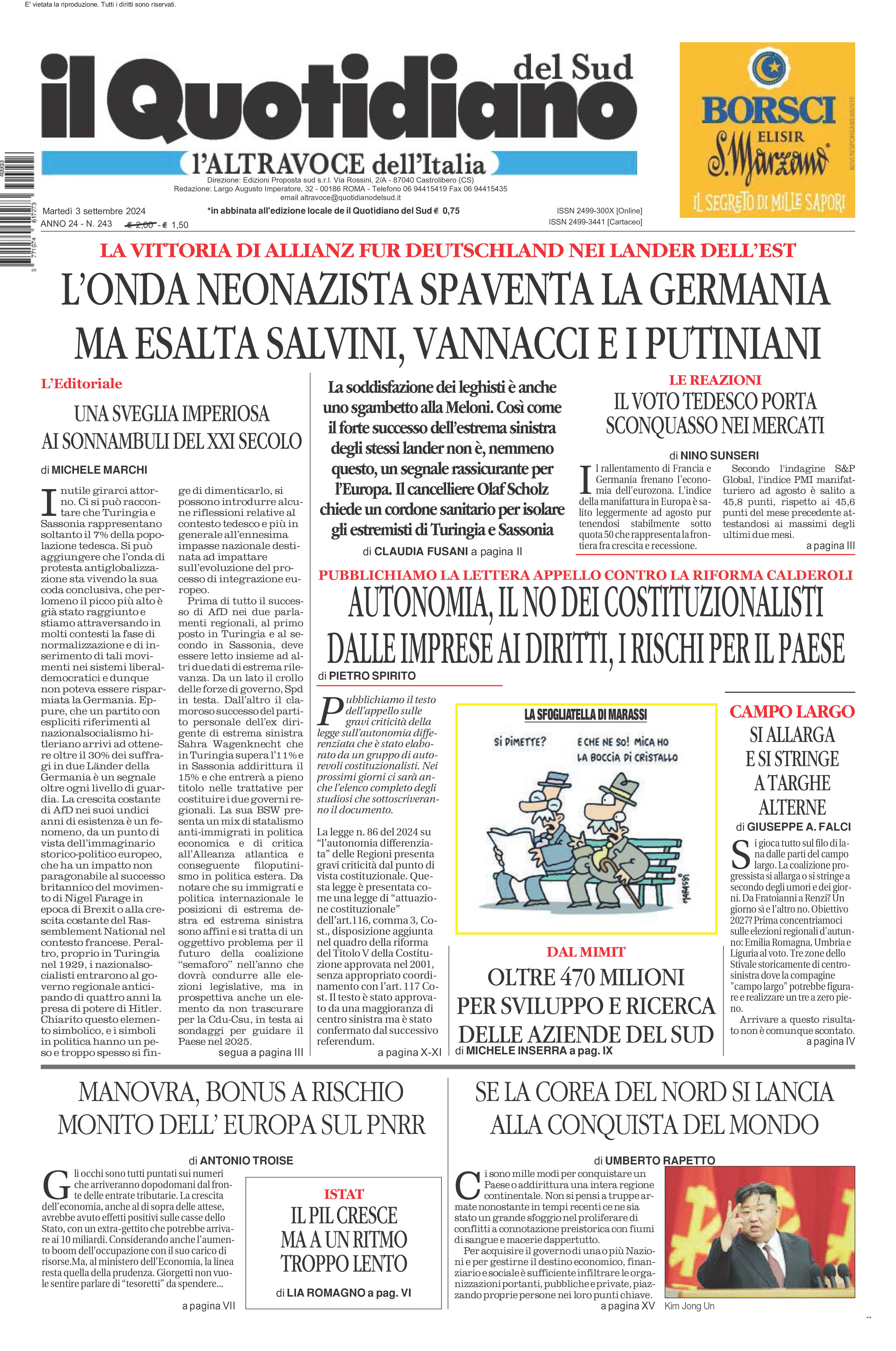 La prima pagina de l’ALTRAVOCE dell’ITALIA in edicola oggi