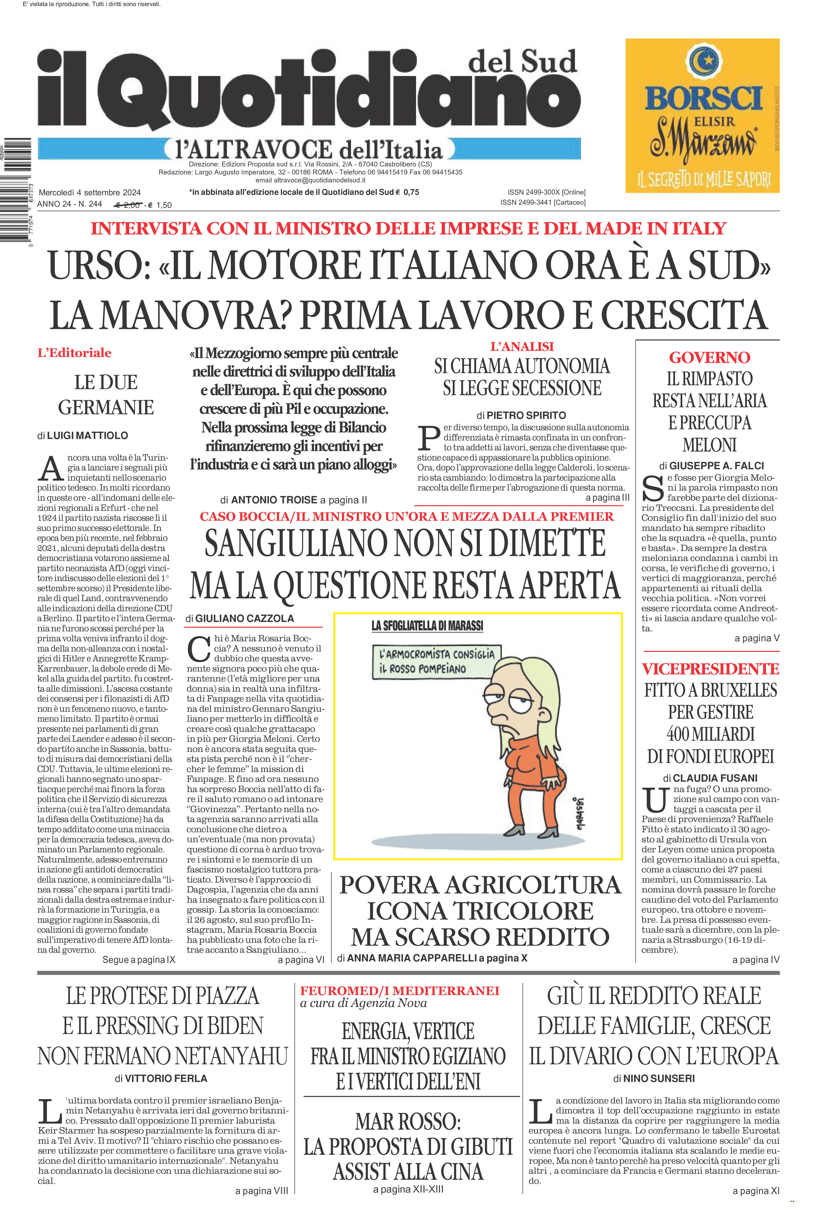 La prima pagina de l’ALTRAVOCE dell’ITALIA in edicola oggi