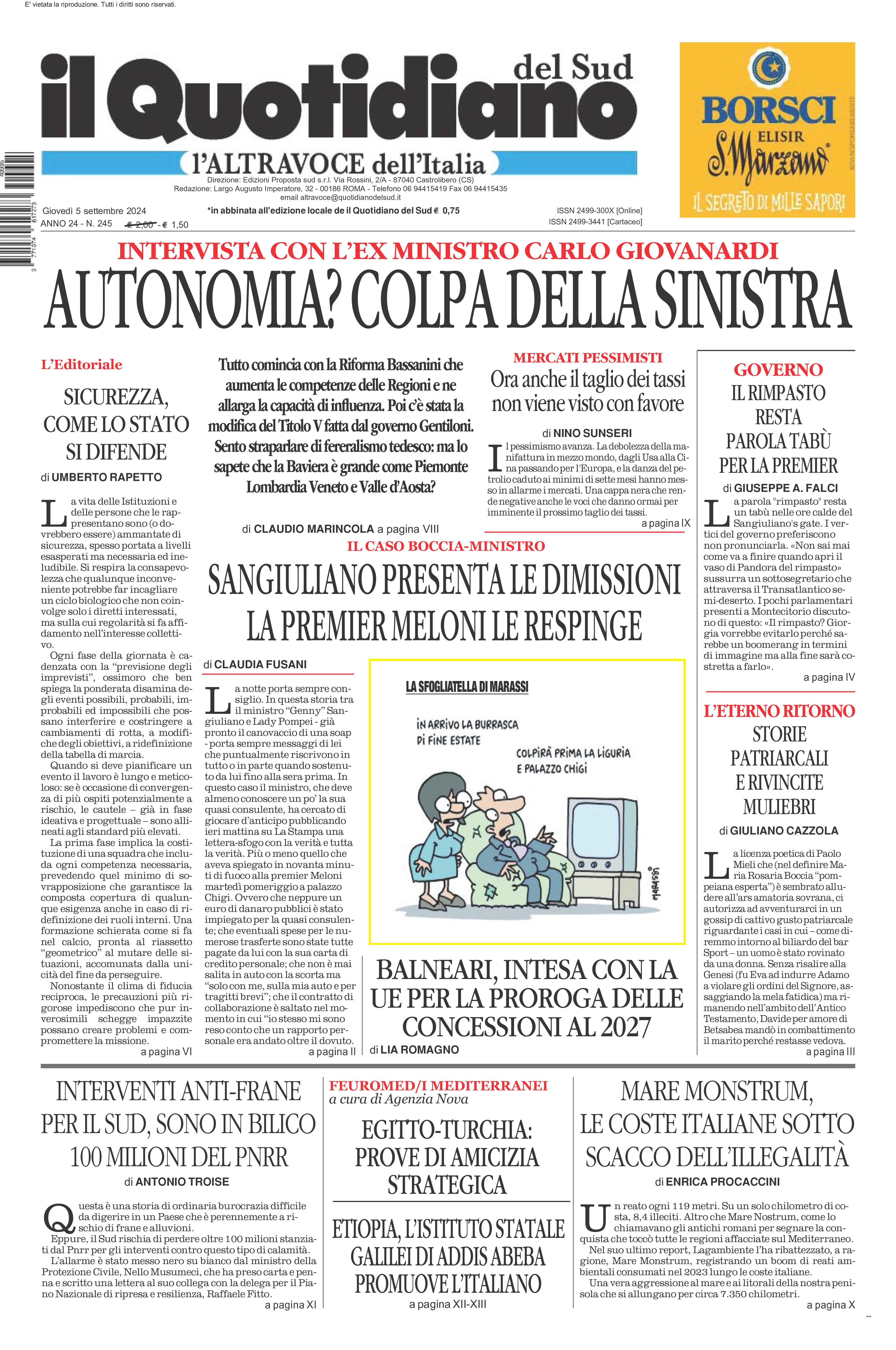 La prima pagina de l’ALTRAVOCE dell’ITALIA in edicola oggi