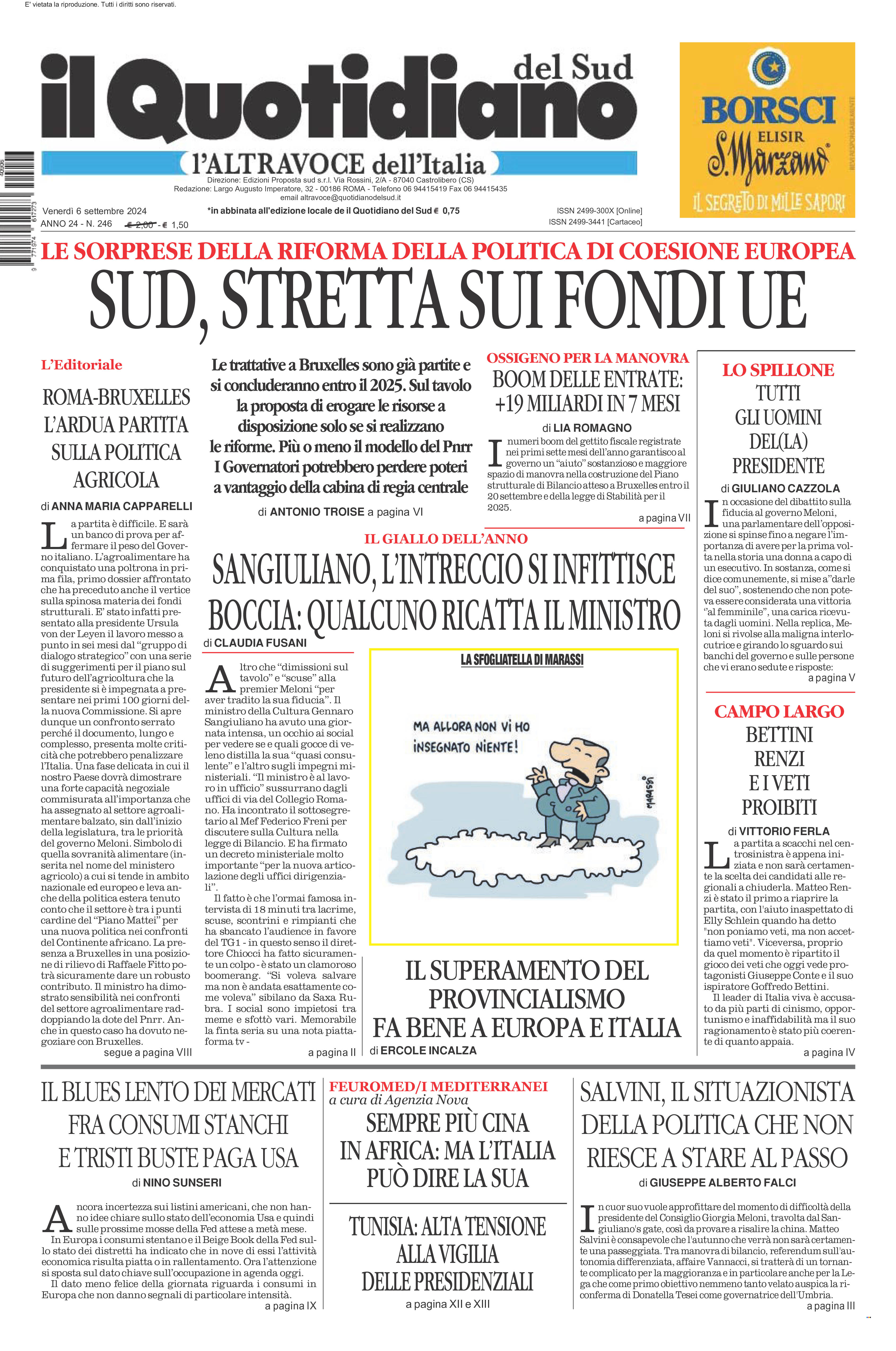 La prima pagina de l’ALTRAVOCE dell’ITALIA in edicola oggi