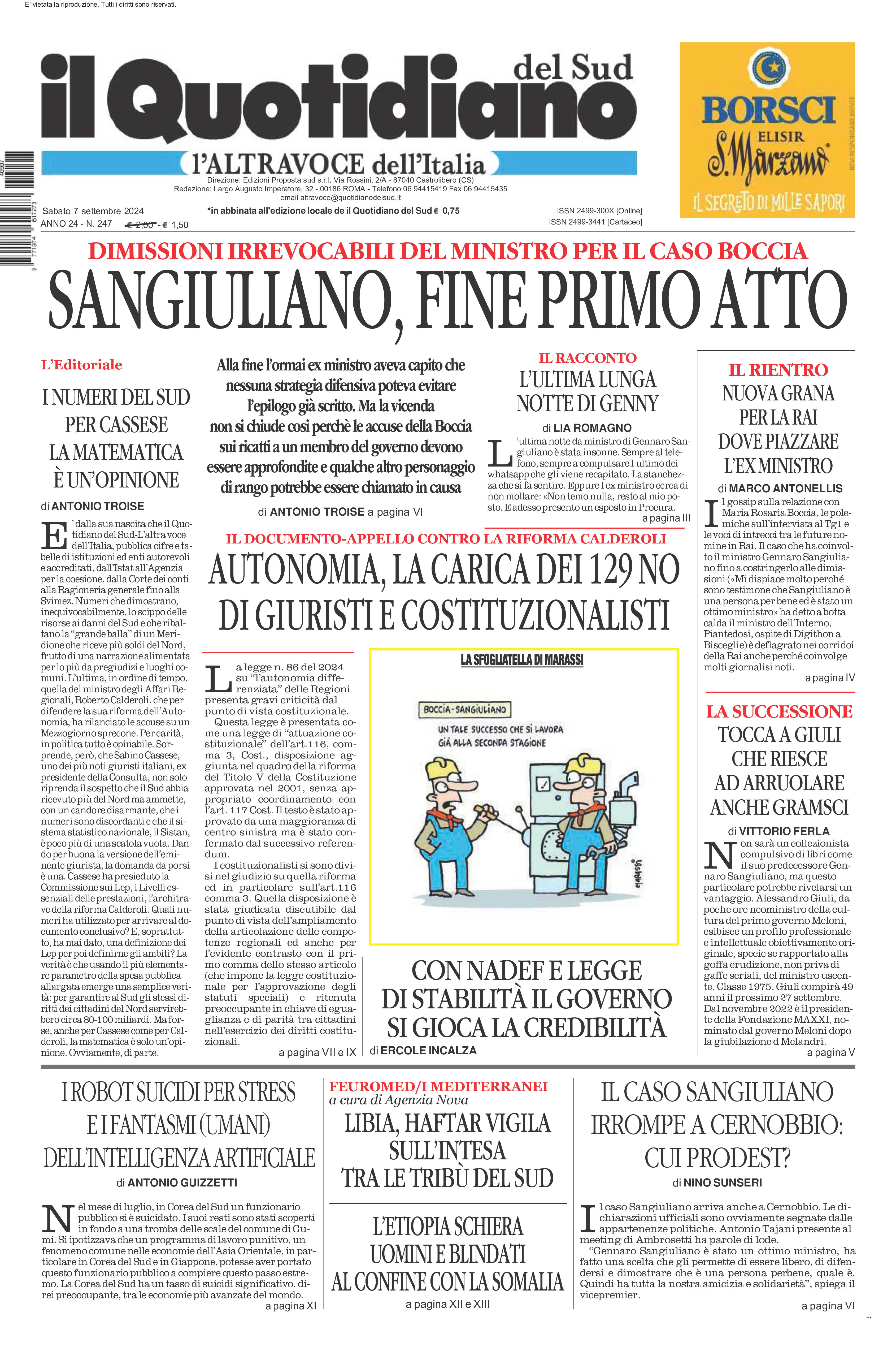 La prima pagina de l’ALTRAVOCE dell’ITALIA in edicola oggi