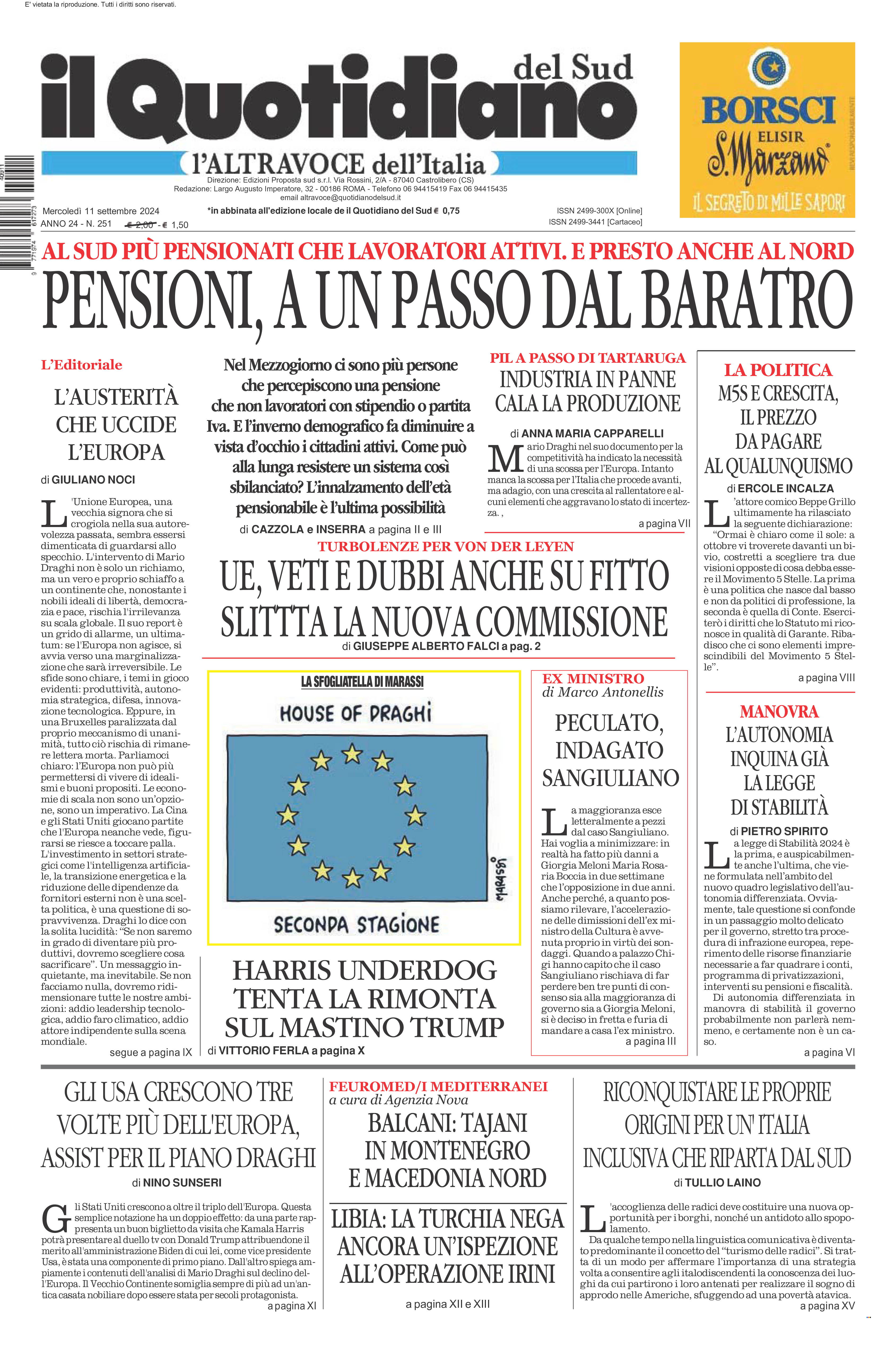 La prima pagina de l’ALTRAVOCE dell’ITALIA in edicola oggi