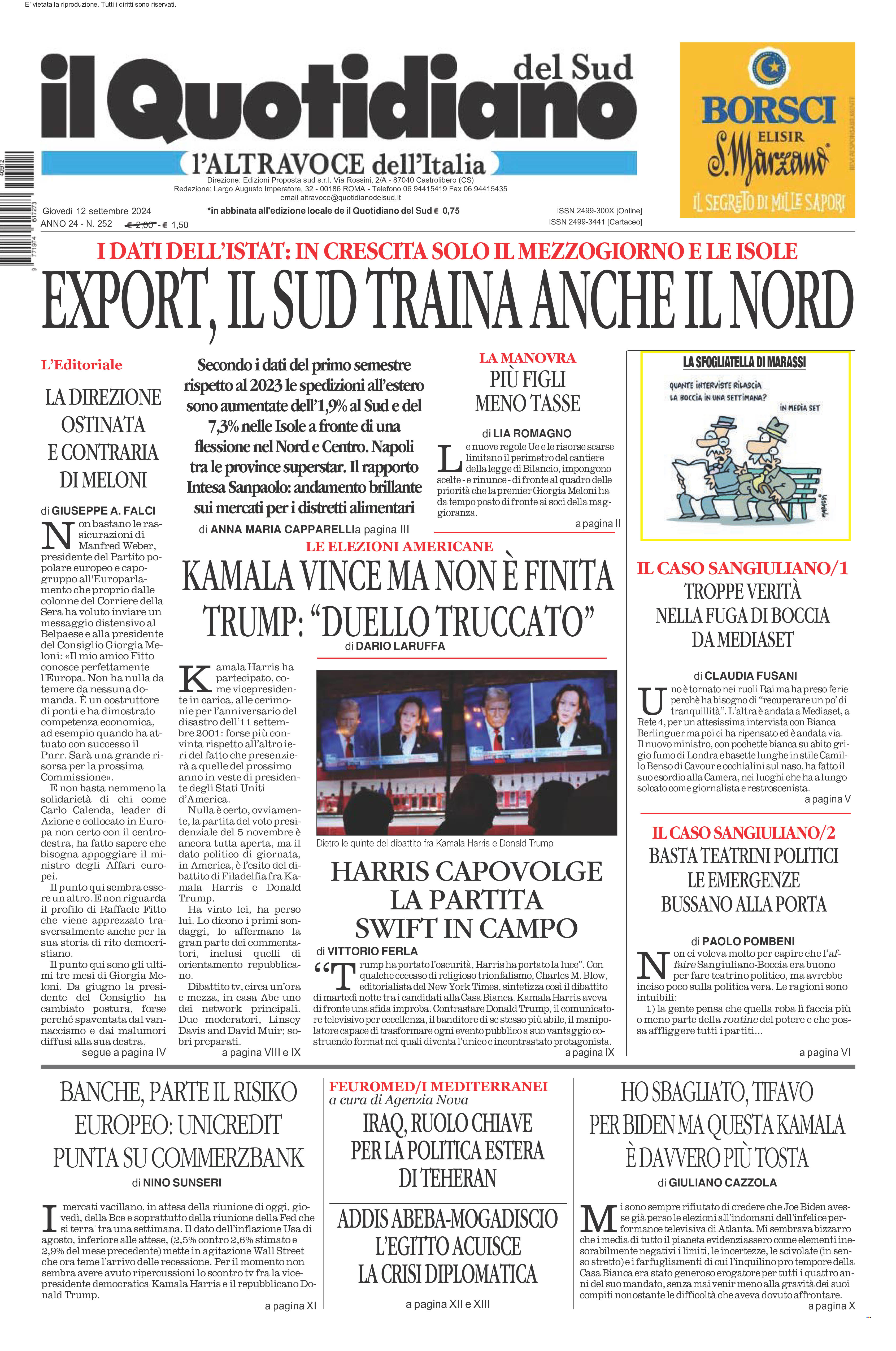 La prima pagina de l’ALTRAVOCE dell’ITALIA in edicola oggi