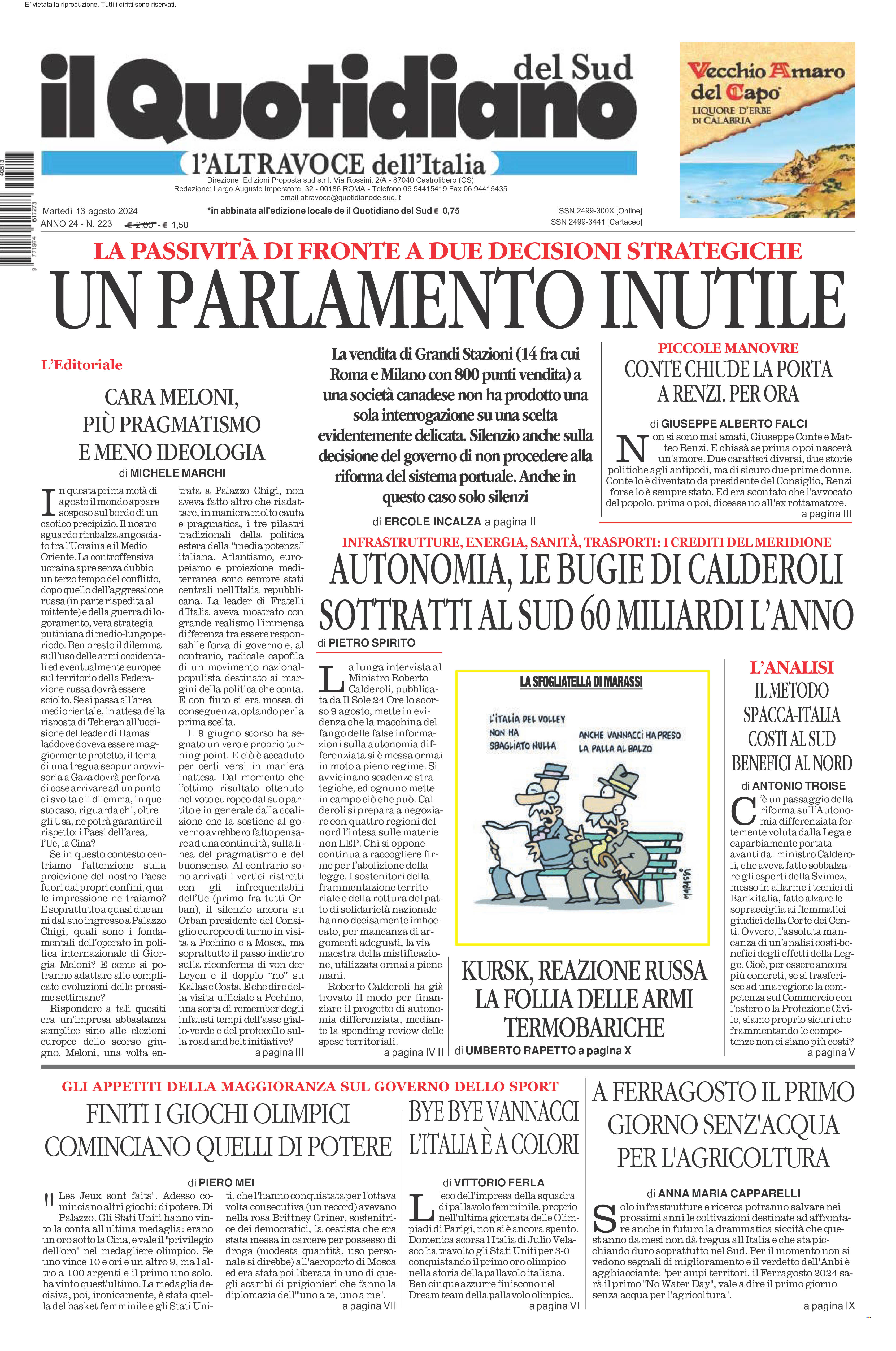 La prima pagina de l’ALTRAVOCE dell’ITALIA in edicola oggi