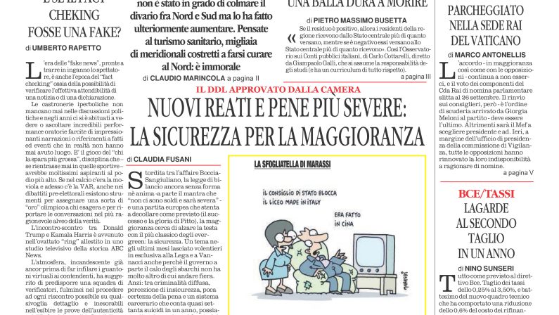 La prima pagina de l’ALTRAVOCE dell’ITALIA in edicola oggi