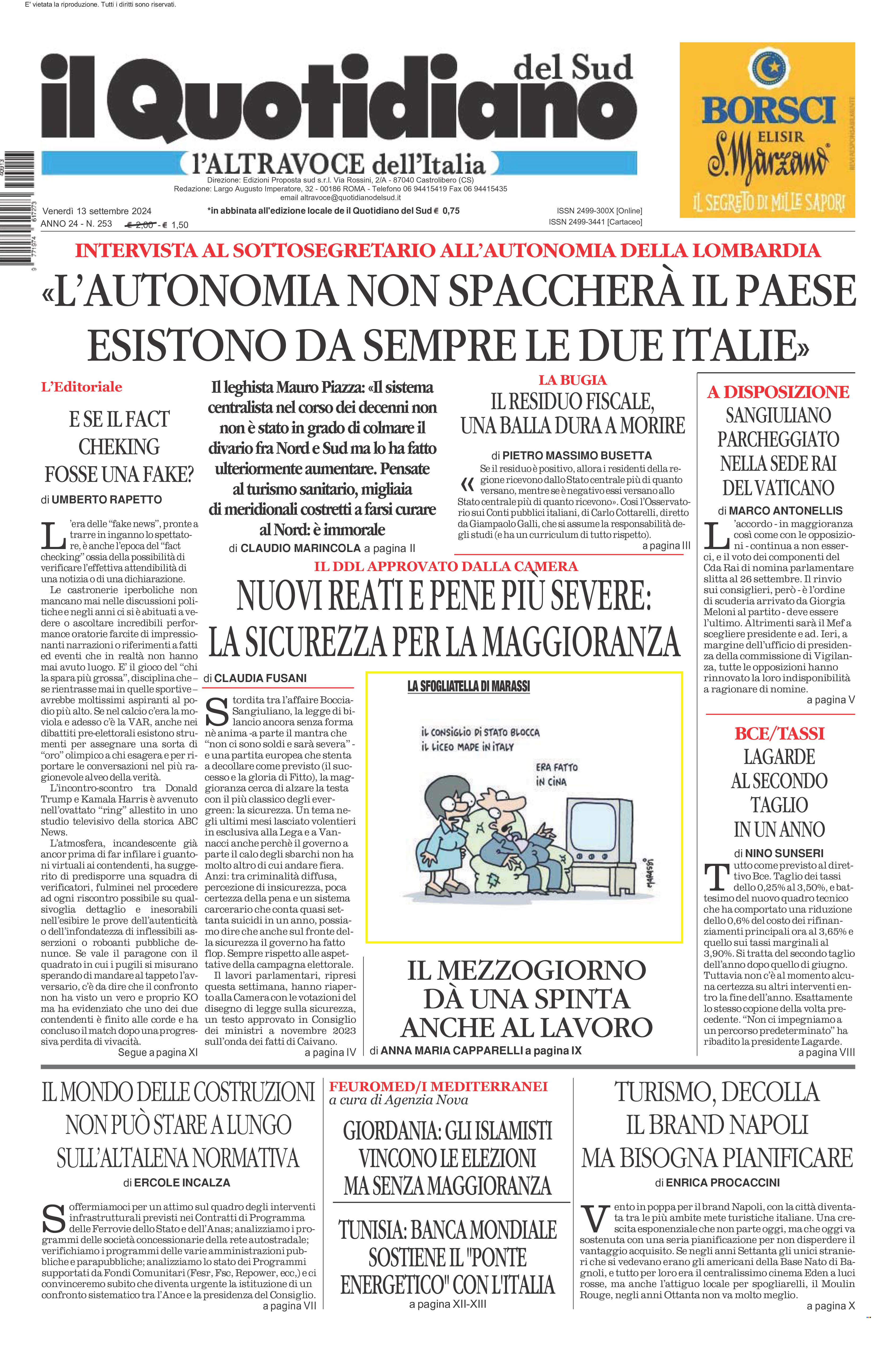 La prima pagina de l’ALTRAVOCE dell’ITALIA in edicola oggi