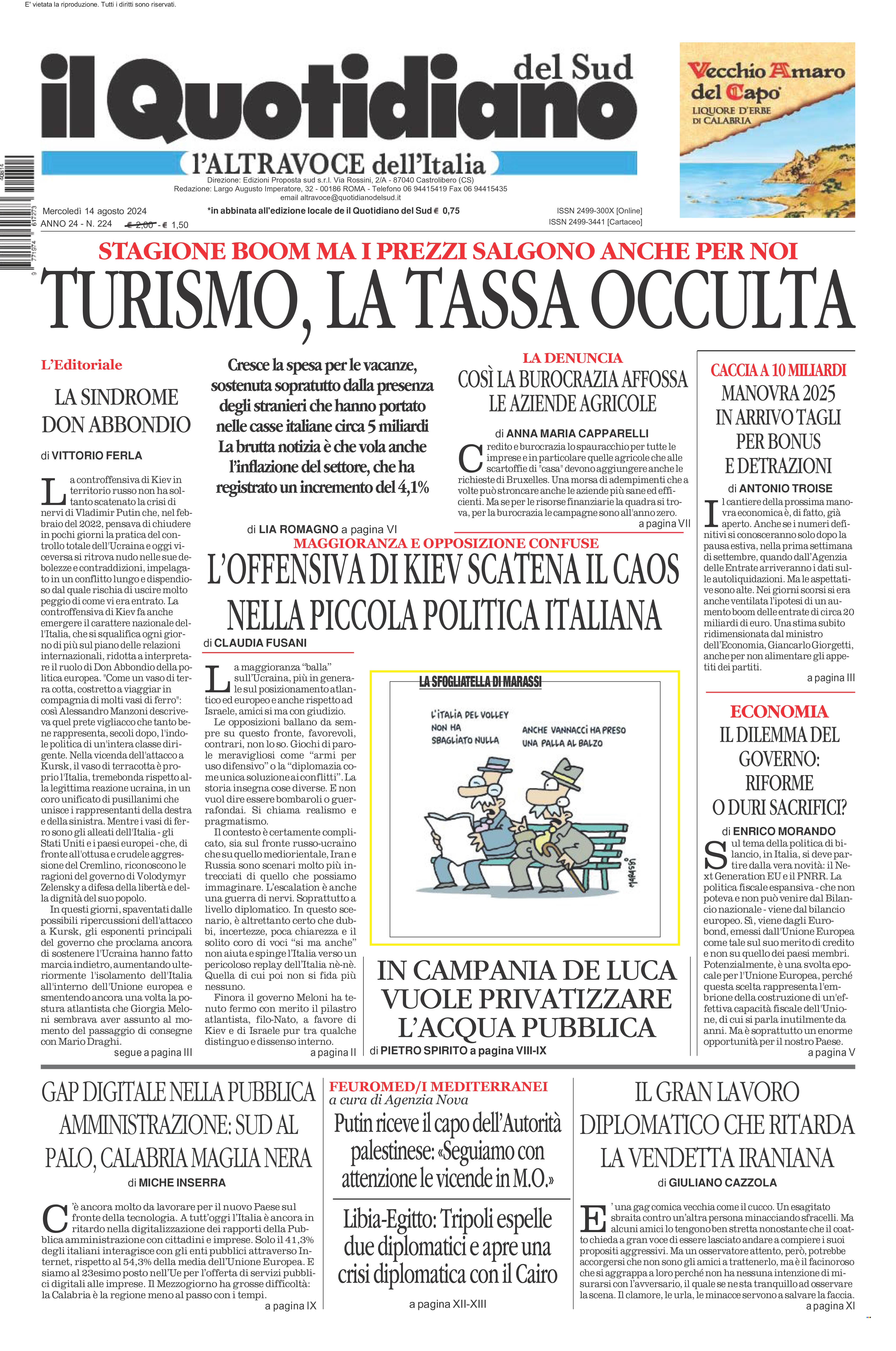 La prima pagina de l’ALTRAVOCE dell’ITALIA in edicola oggi