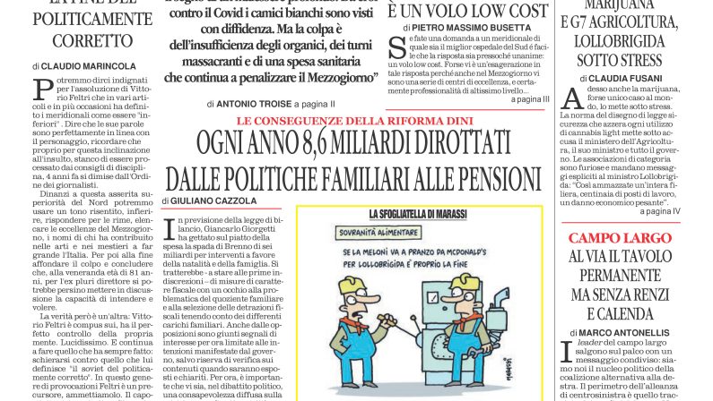 La prima pagina de l’ALTRAVOCE dell’ITALIA in edicola oggi