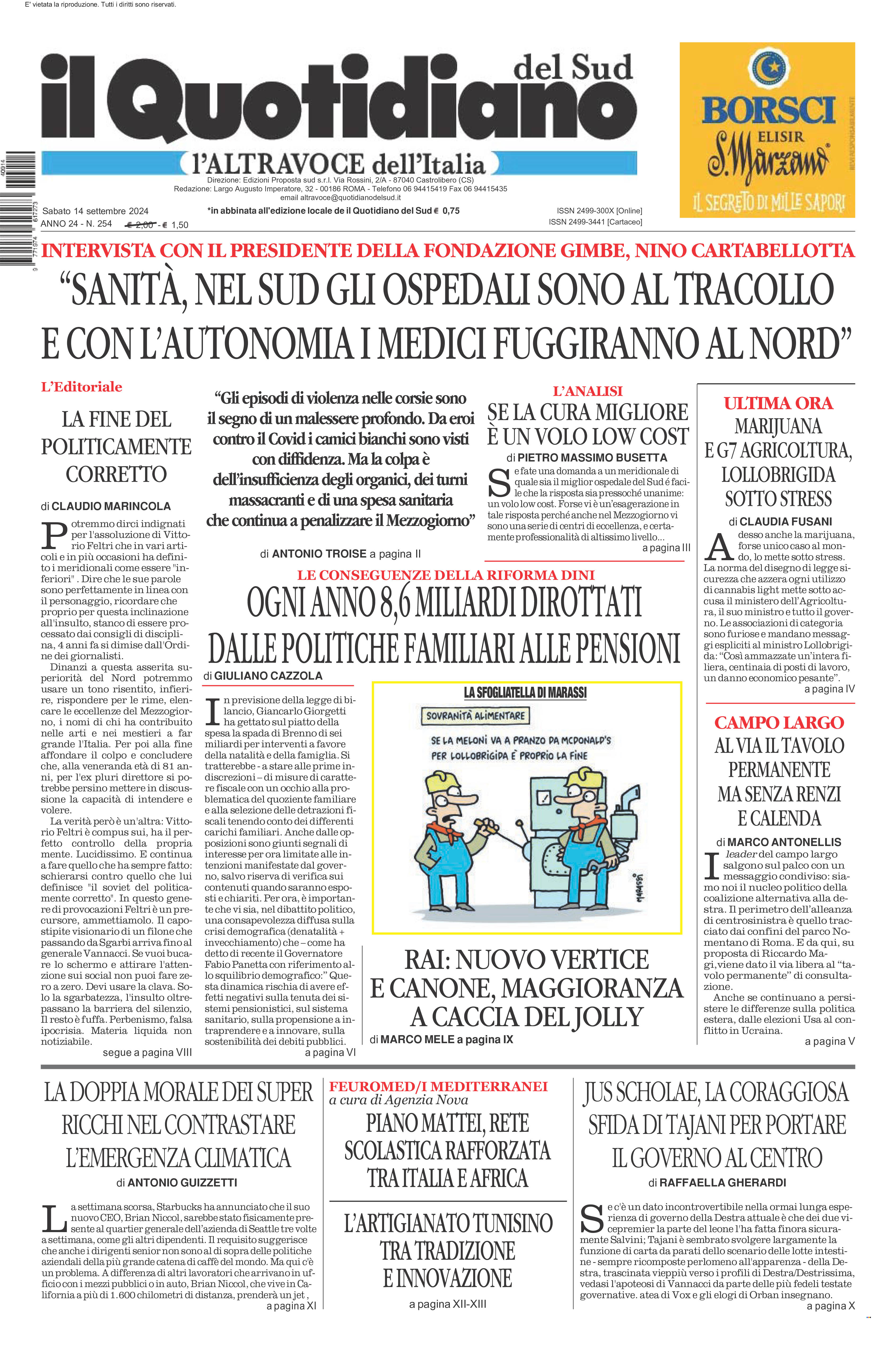 La prima pagina de l’ALTRAVOCE dell’ITALIA in edicola oggi