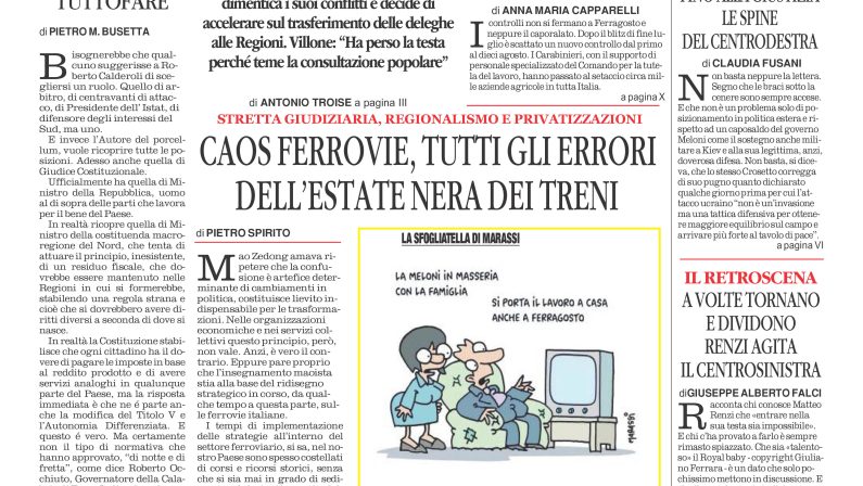 La prima pagina de l’ALTRAVOCE dell’ITALIA in edicola oggi