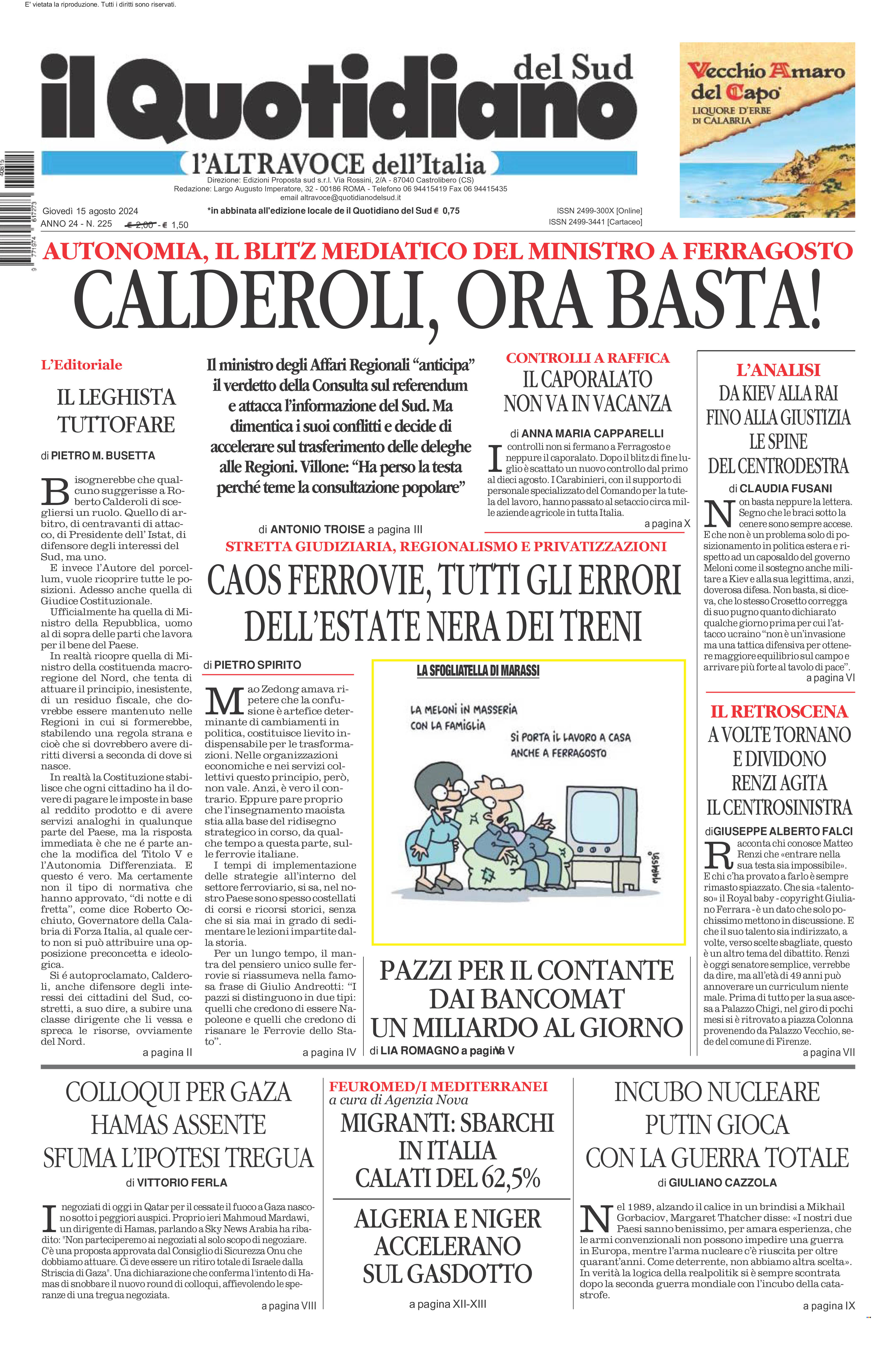 La prima pagina de l’ALTRAVOCE dell’ITALIA in edicola oggi