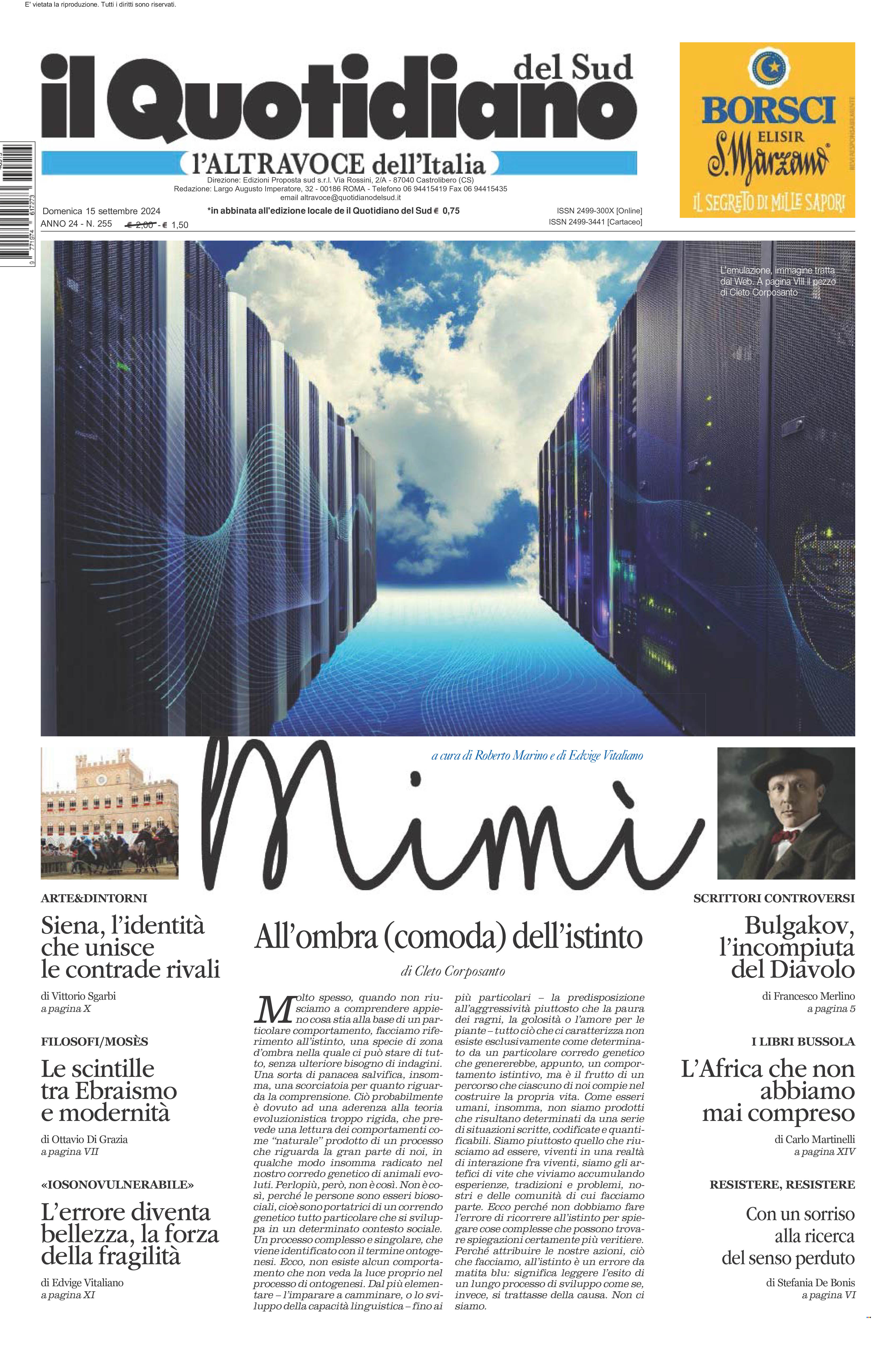 La prima pagina de l’ALTRAVOCE dell’ITALIA in edicola oggi