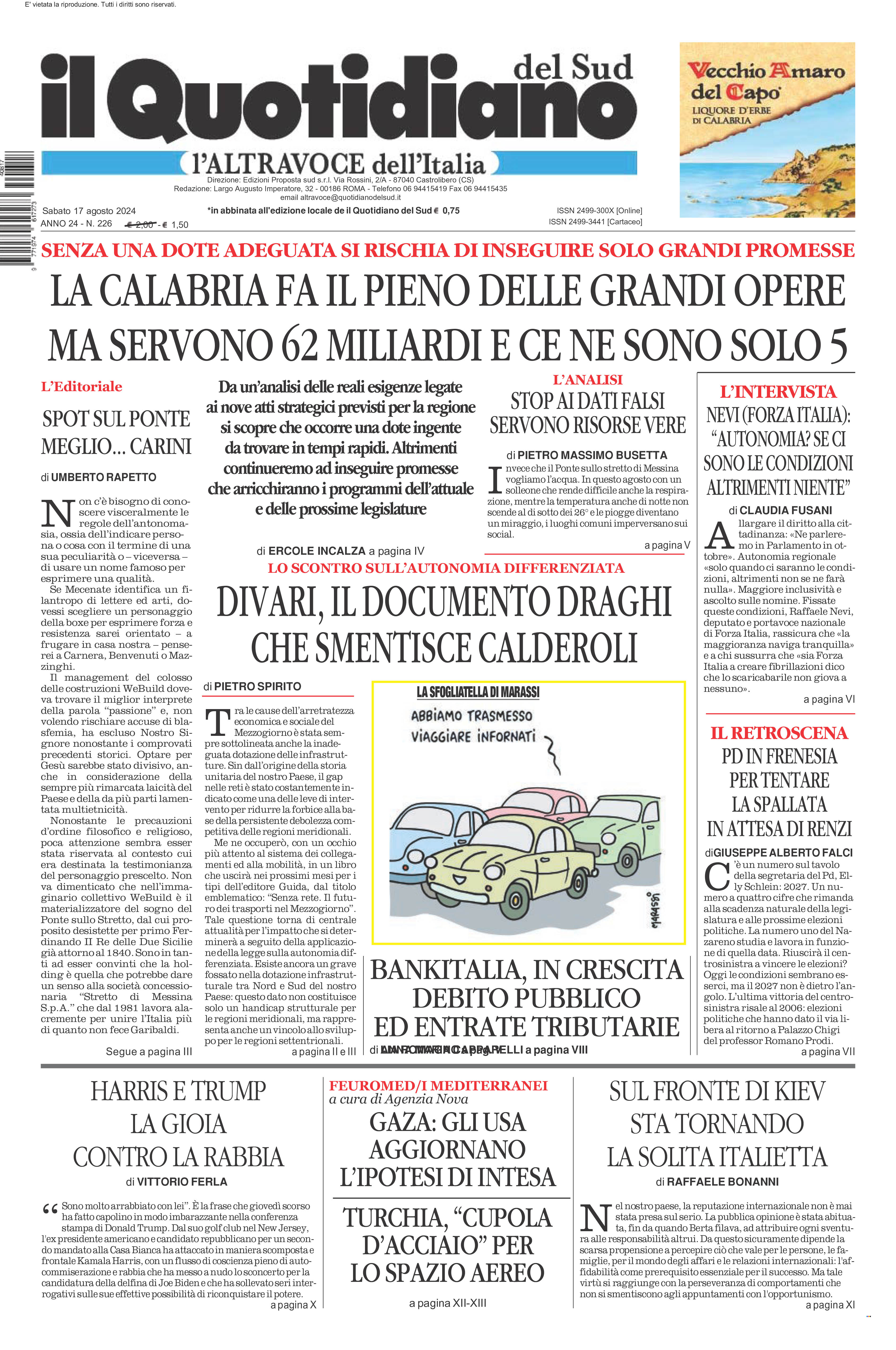 La prima pagina de l’ALTRAVOCE dell’ITALIA in edicola oggi