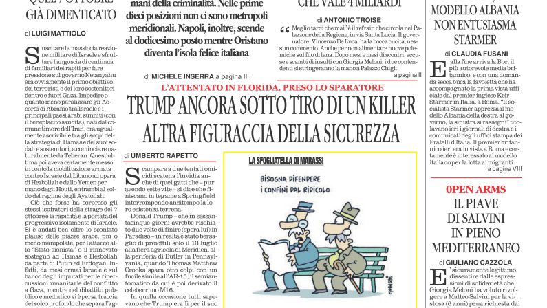 La prima pagina de l’ALTRAVOCE dell’ITALIA in edicola oggi