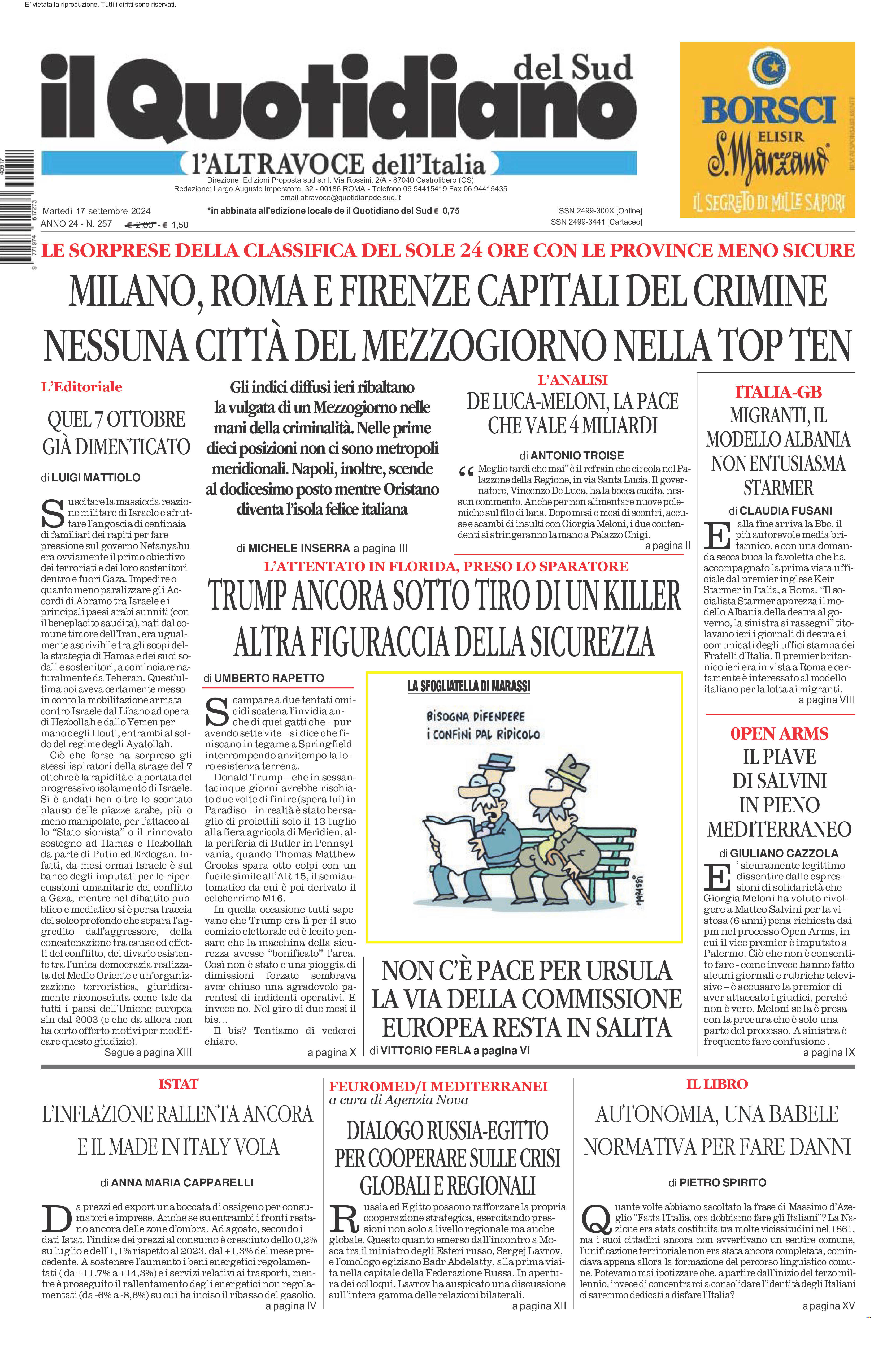 La prima pagina de l’ALTRAVOCE dell’ITALIA in edicola oggi