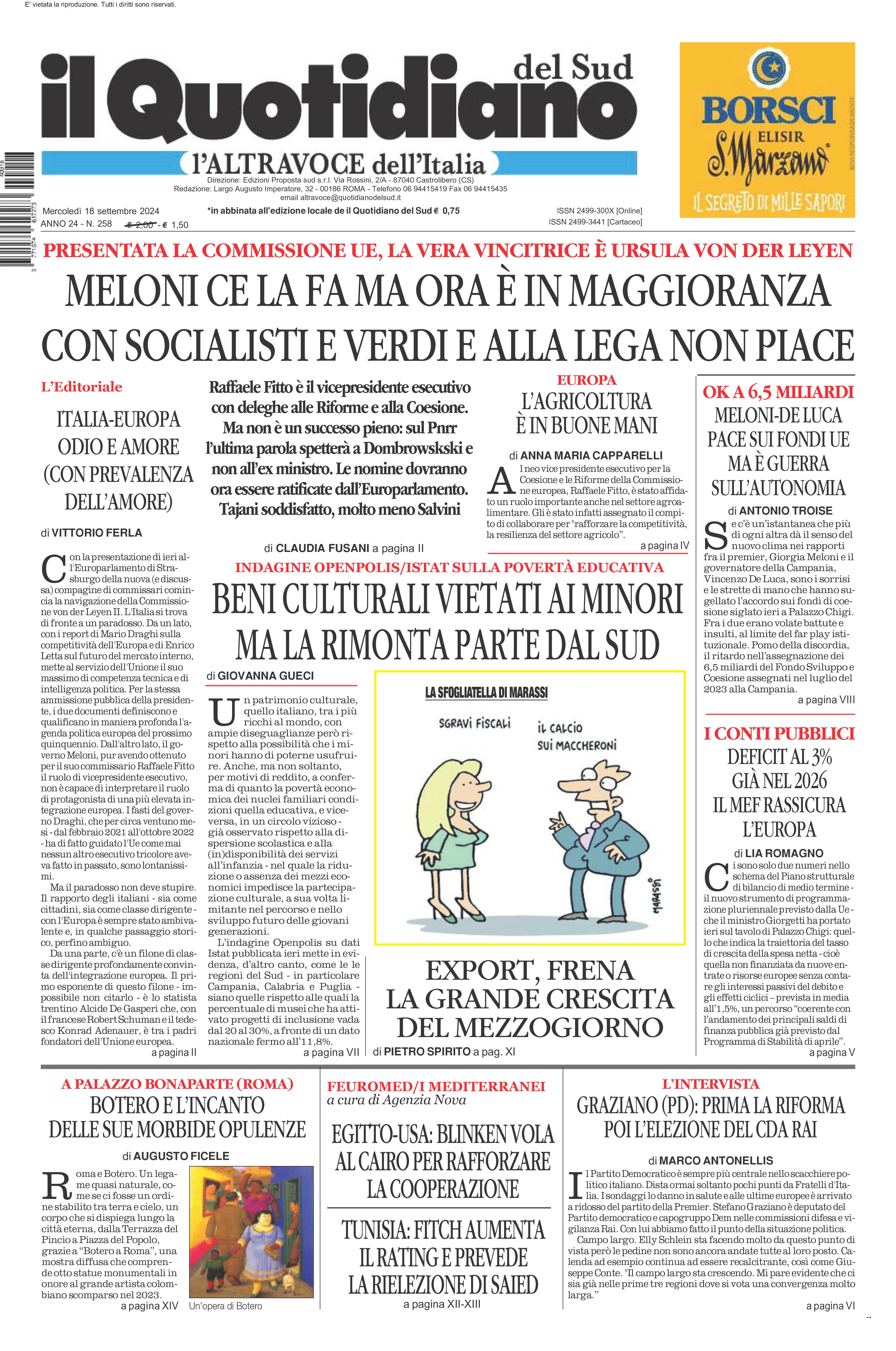 La prima pagina de l’ALTRAVOCE dell’ITALIA in edicola oggi