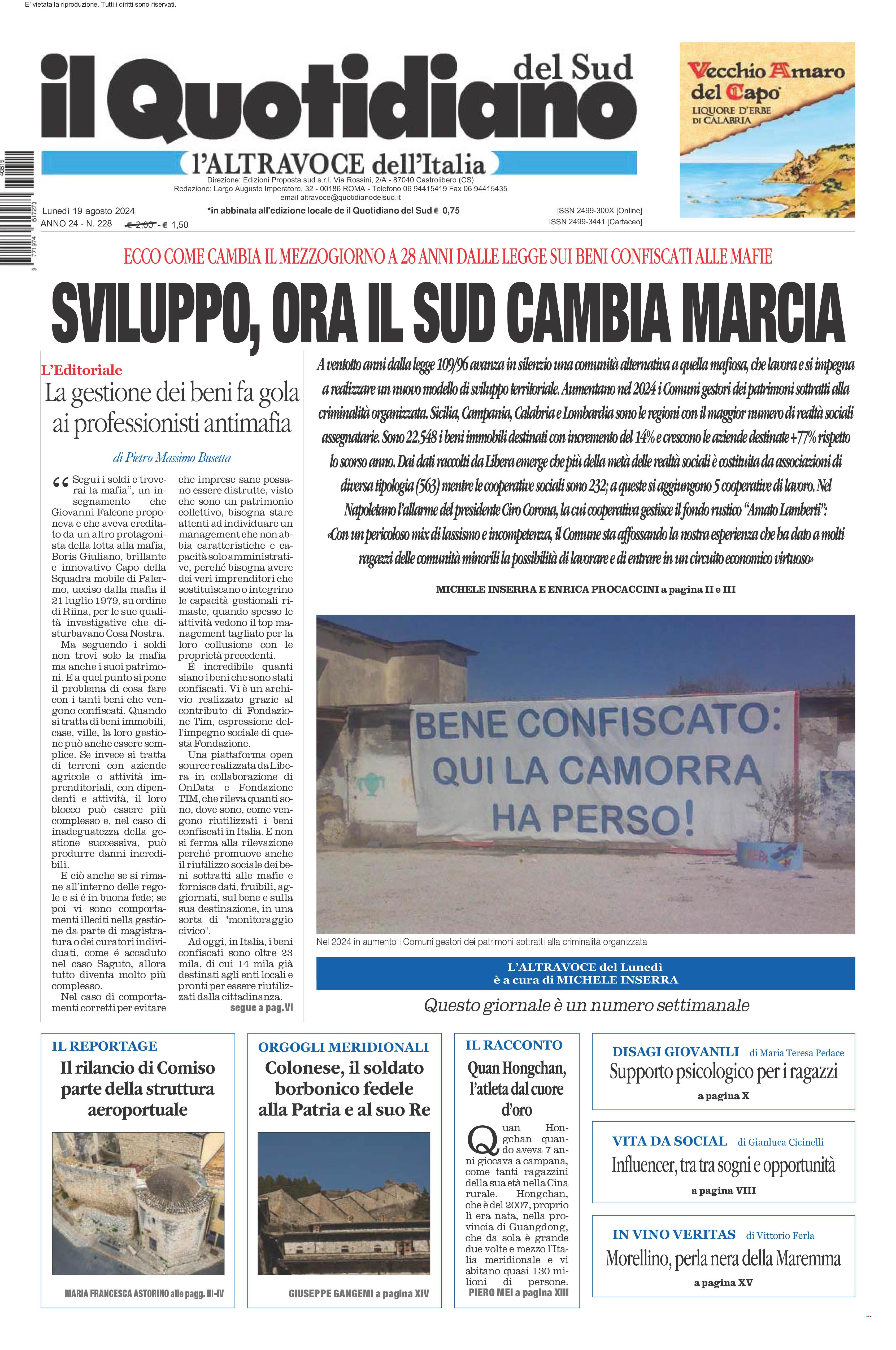 La prima pagina de l’ALTRAVOCE dell’ITALIA in edicola oggi