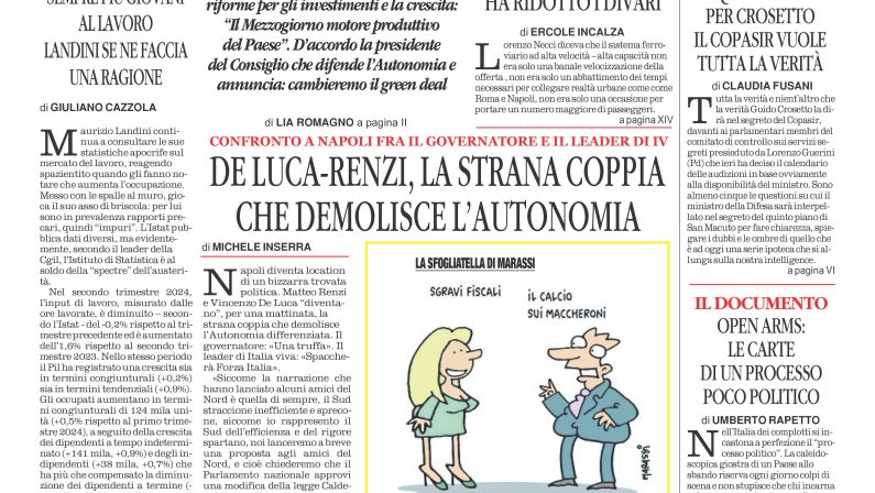 La prima pagina de l’ALTRAVOCE dell’ITALIA in edicola oggi