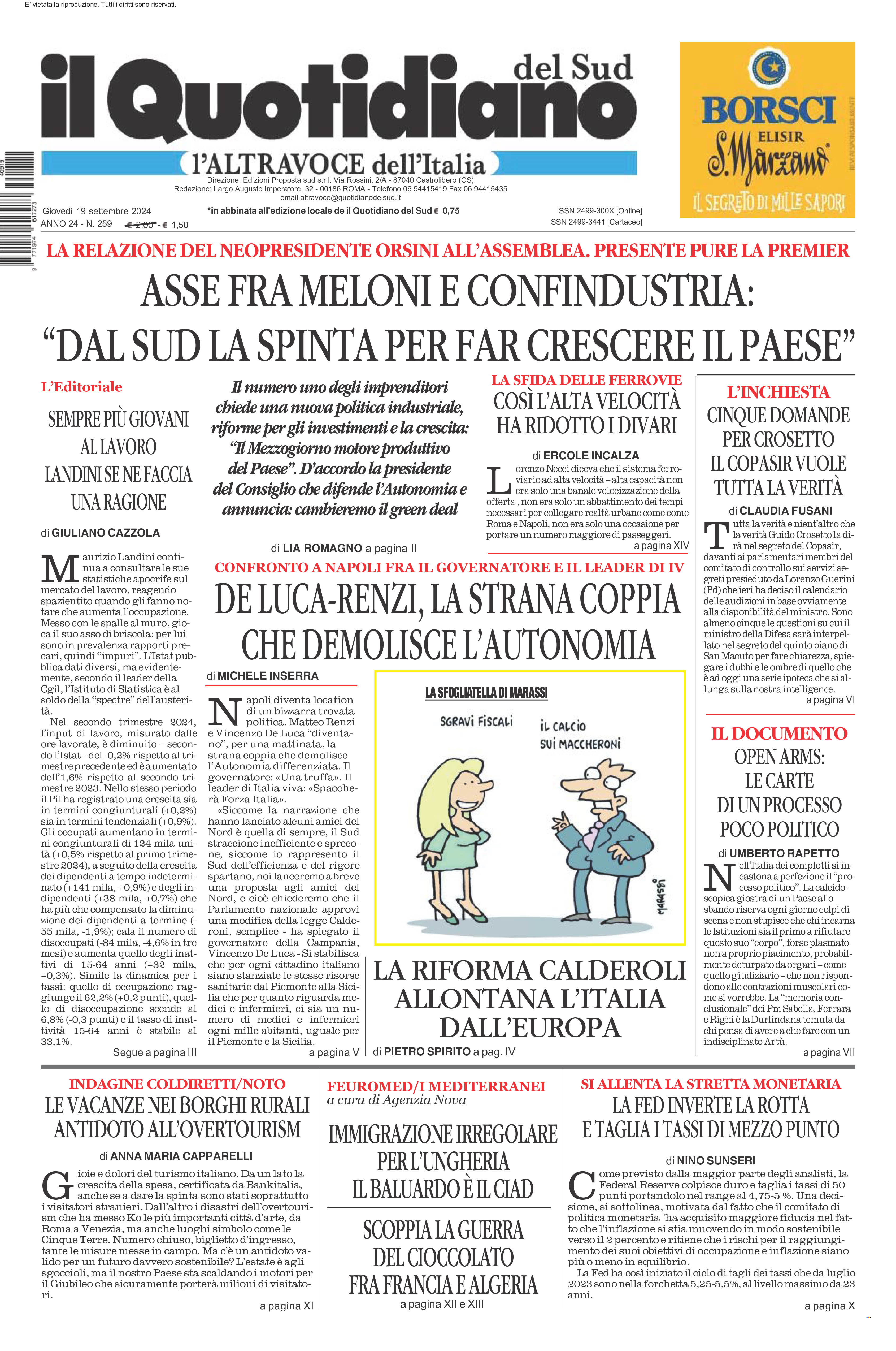 La prima pagina de l’ALTRAVOCE dell’ITALIA in edicola oggi