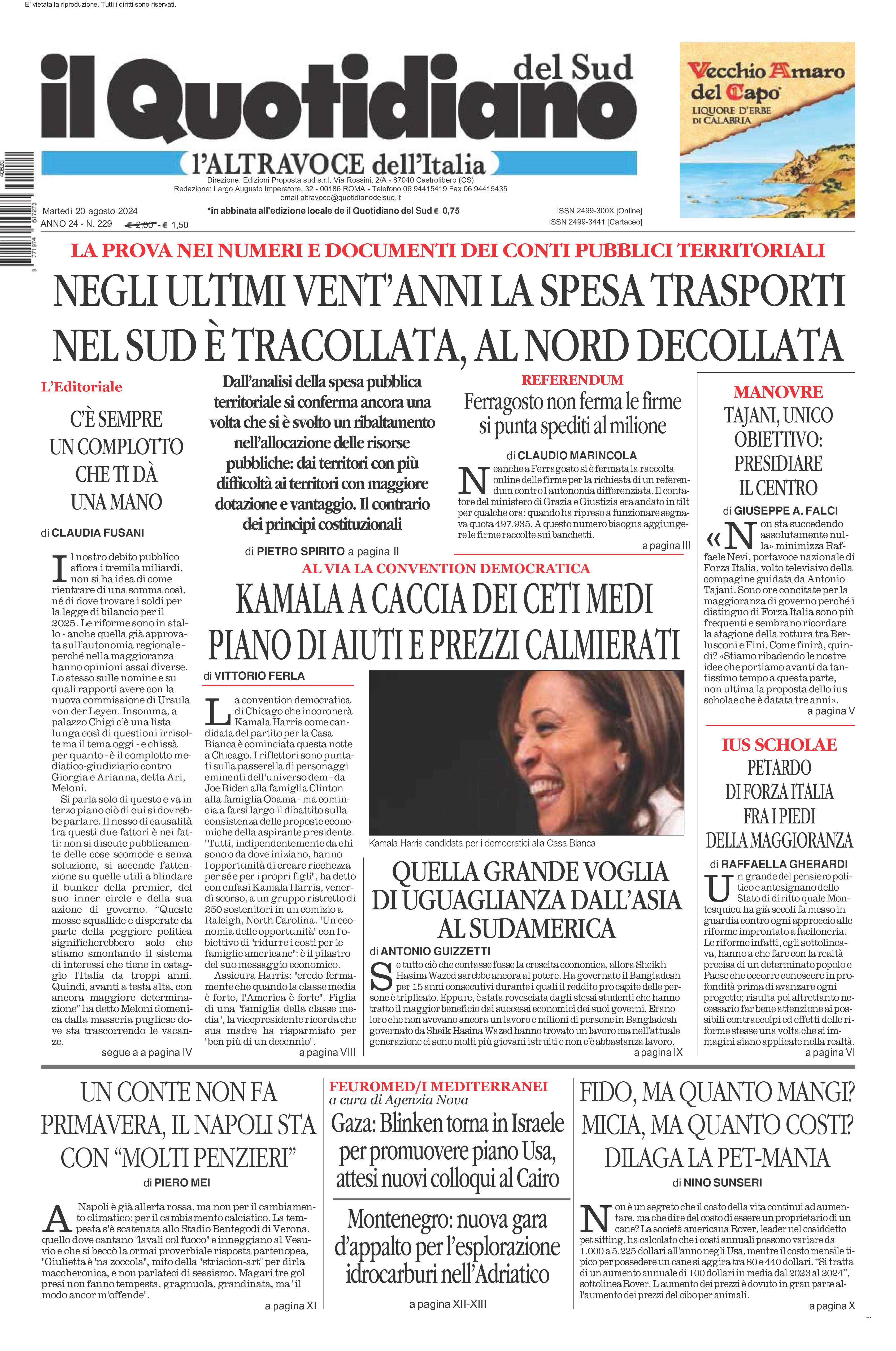 La prima pagina de l’ALTRAVOCE dell’ITALIA in edicola oggi