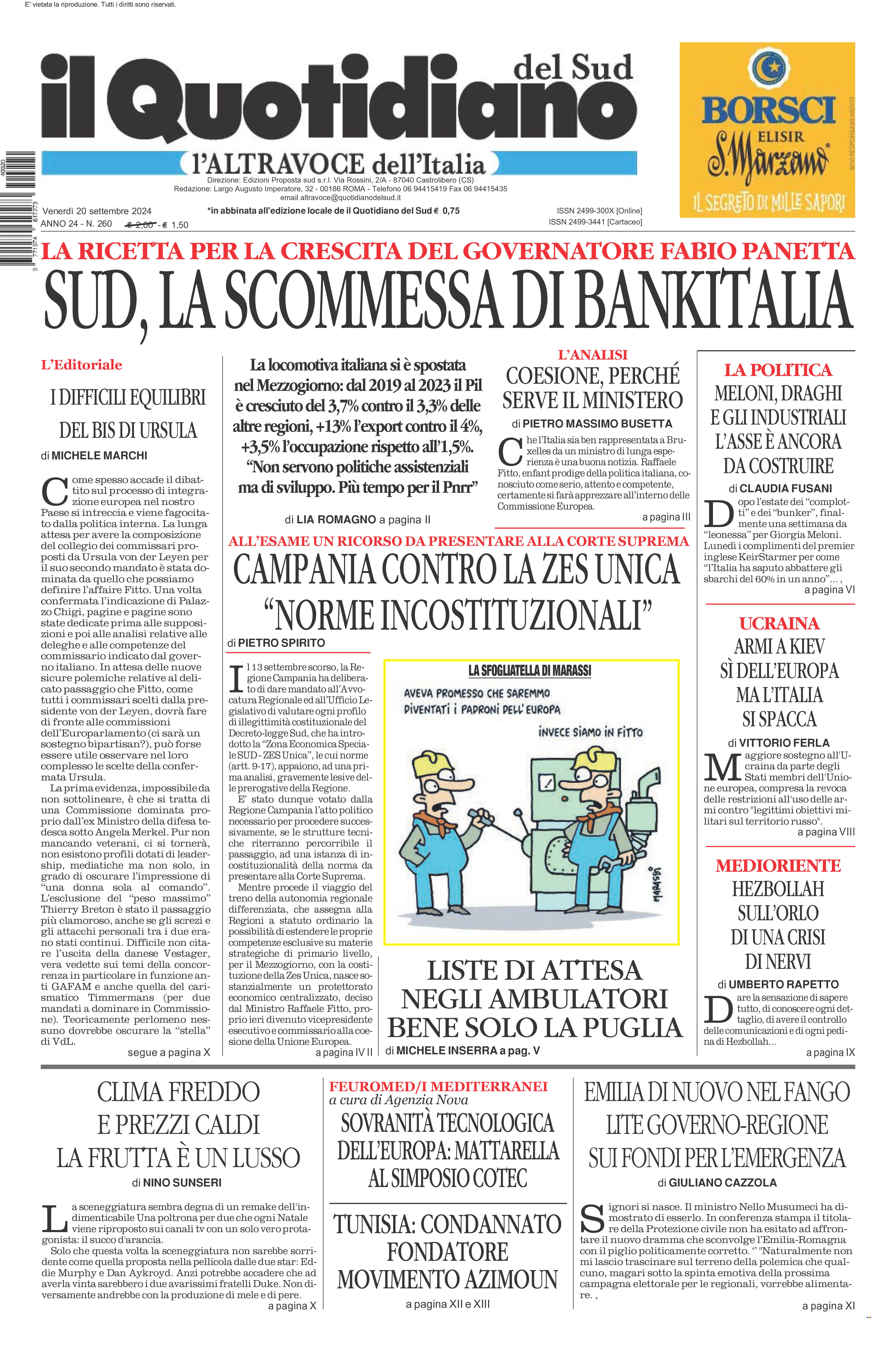 La prima pagina de l’ALTRAVOCE dell’ITALIA in edicola oggi