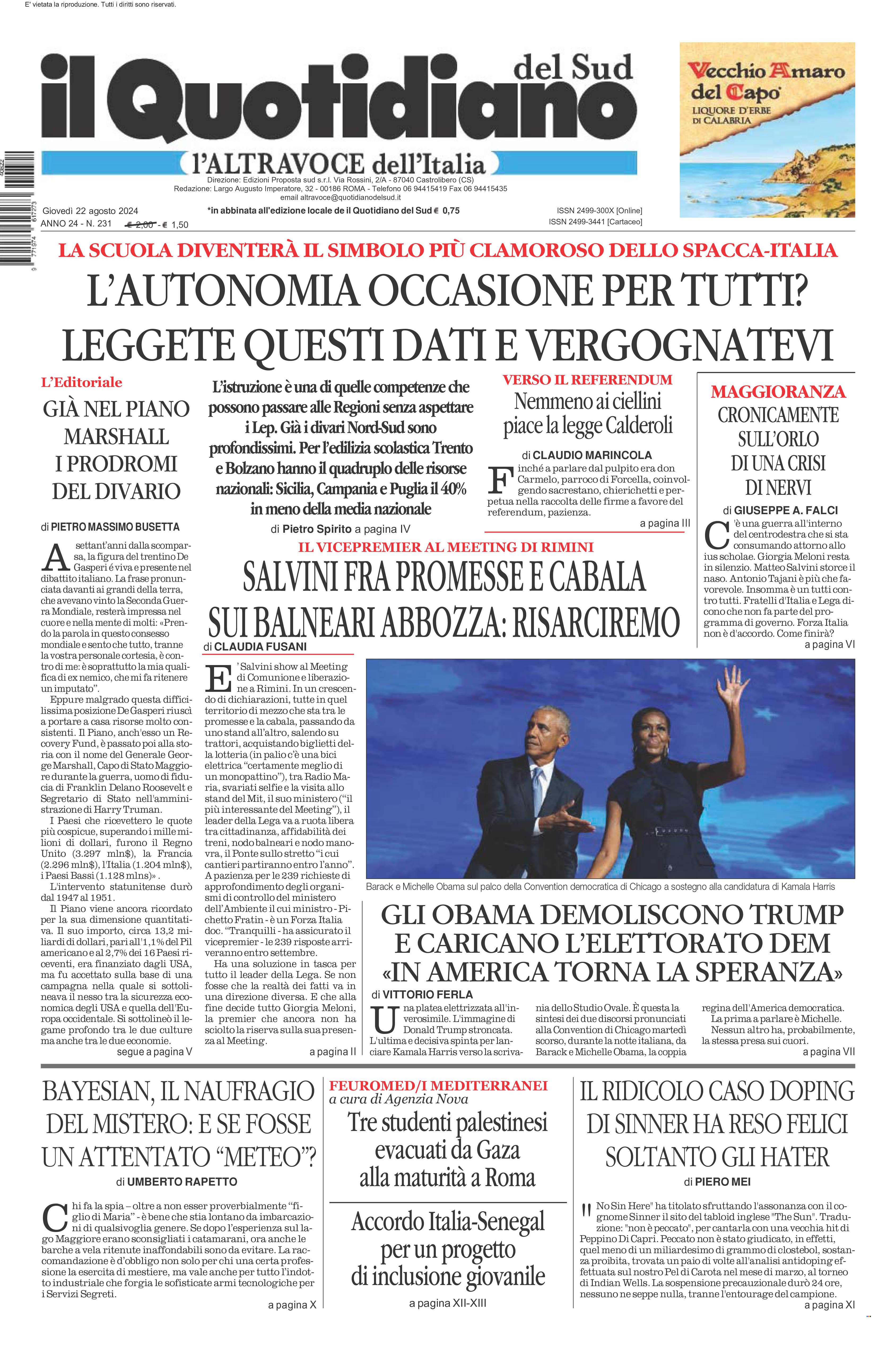 La prima pagina de l’ALTRAVOCE dell’ITALIA in edicola oggi