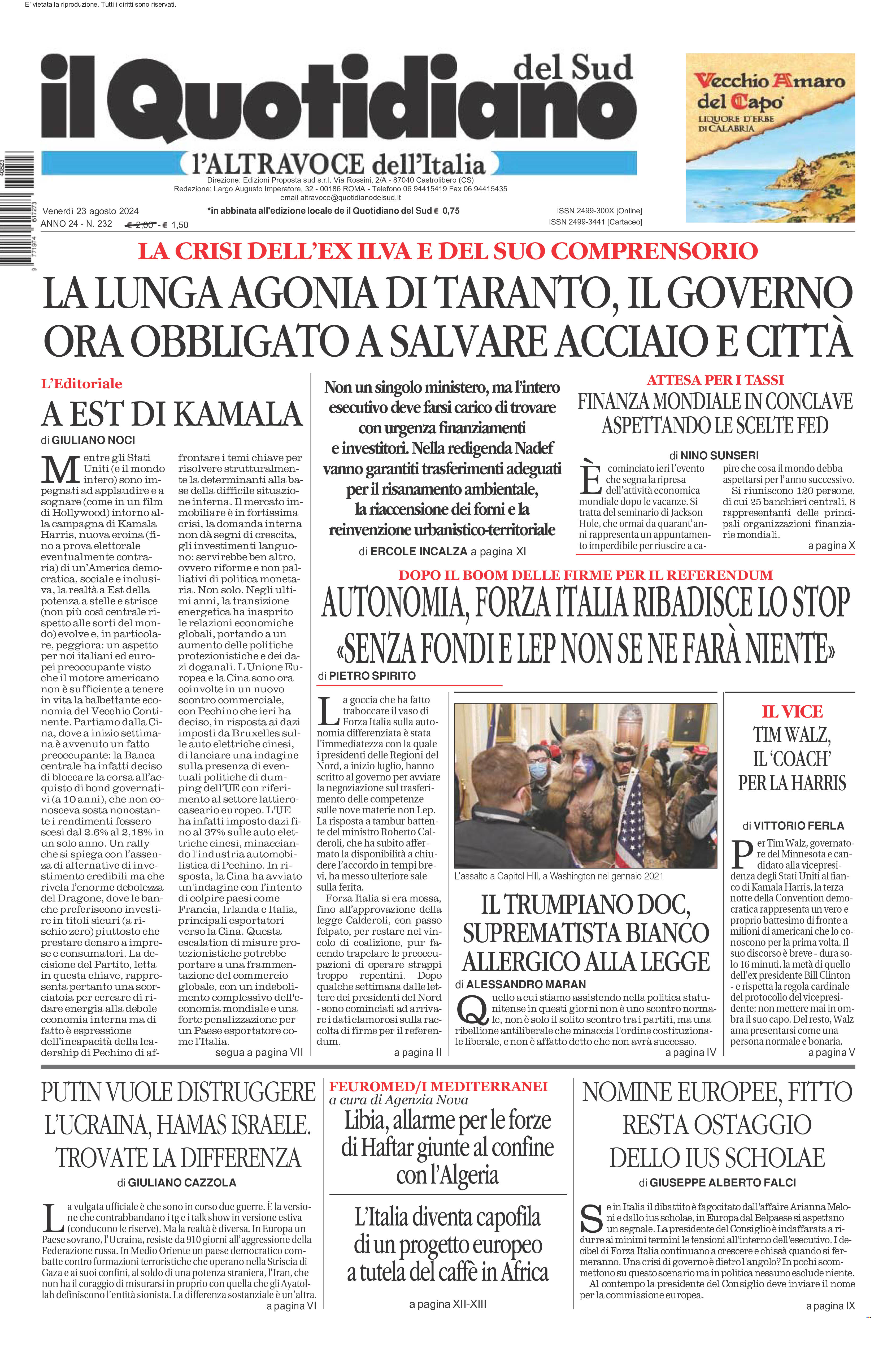 La prima pagina de l’ALTRAVOCE dell’ITALIA in edicola oggi