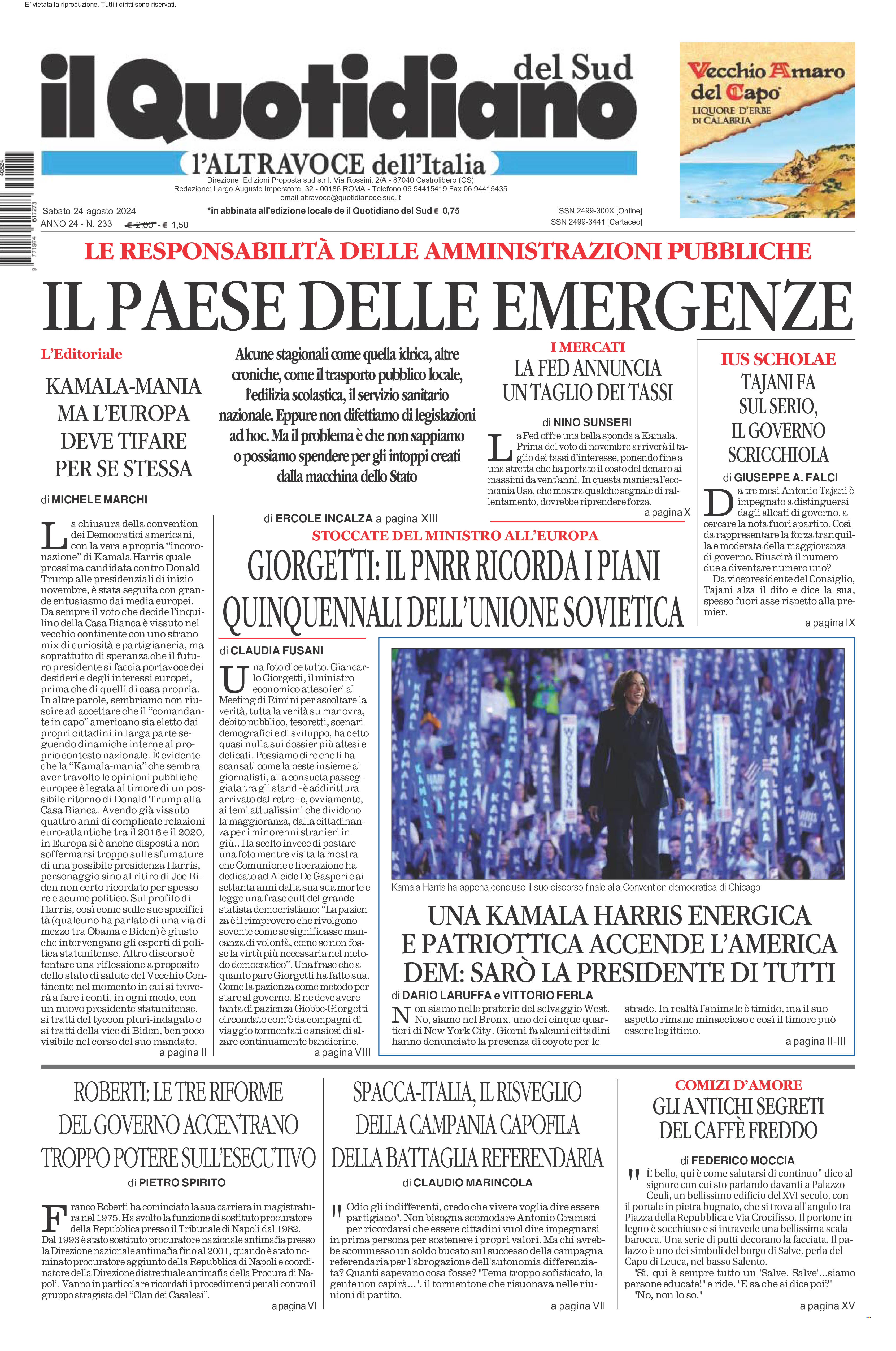 La prima pagina de l’ALTRAVOCE dell’ITALIA in edicola oggi