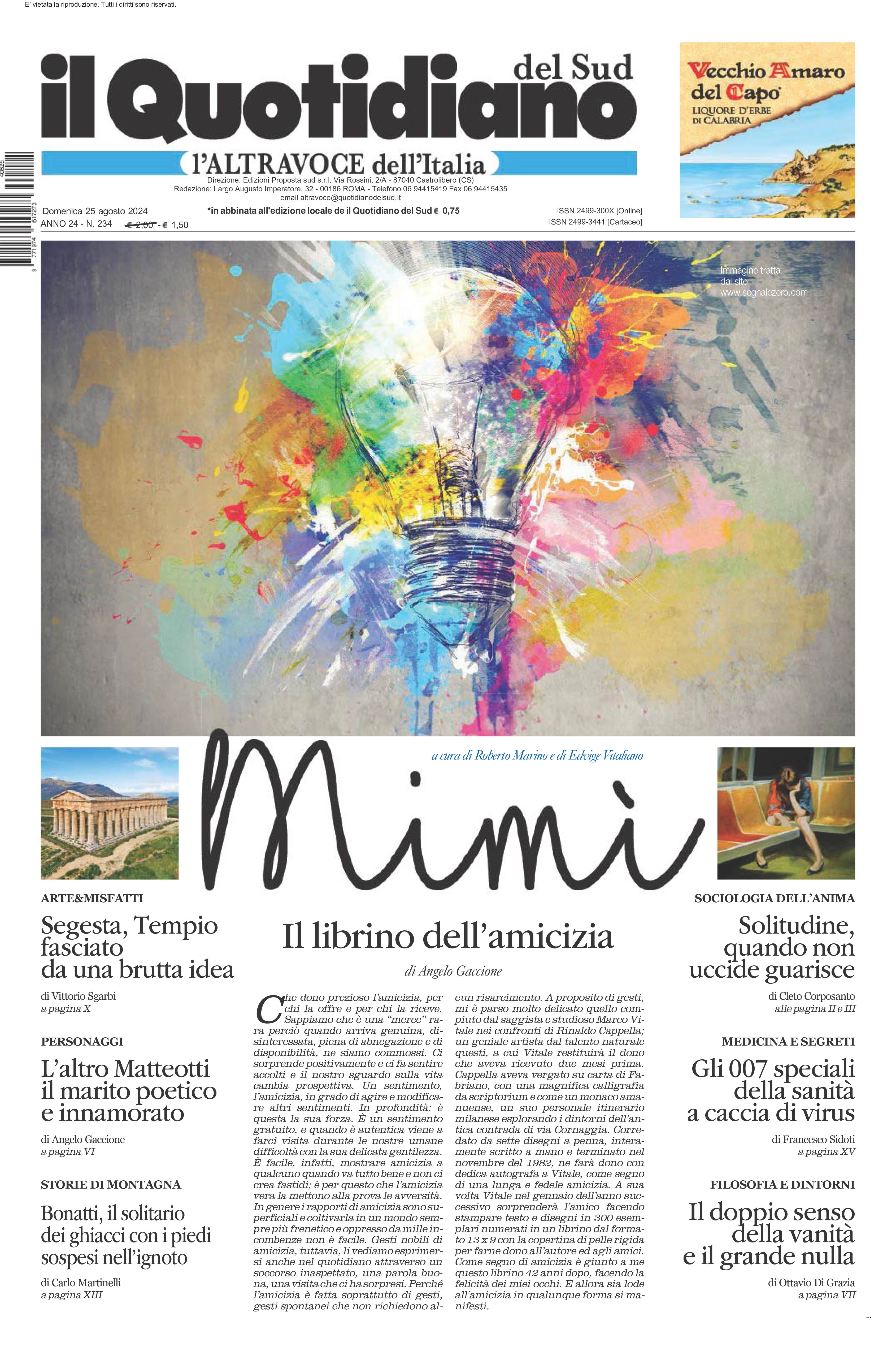 La prima pagina de l’ALTRAVOCE dell’ITALIA in edicola oggi