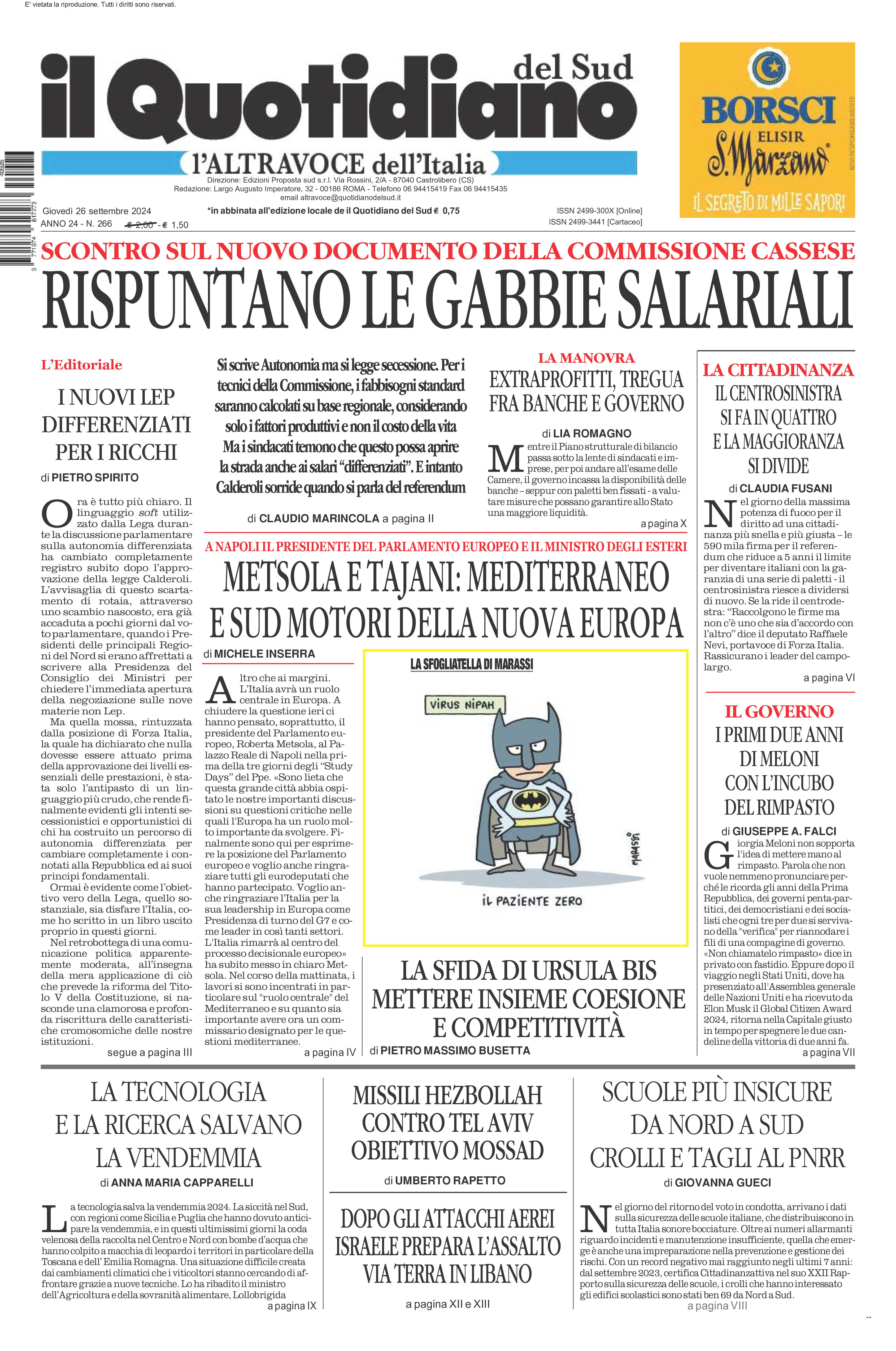 La prima pagina de l’ALTRAVOCE dell’ITALIA in edicola oggi