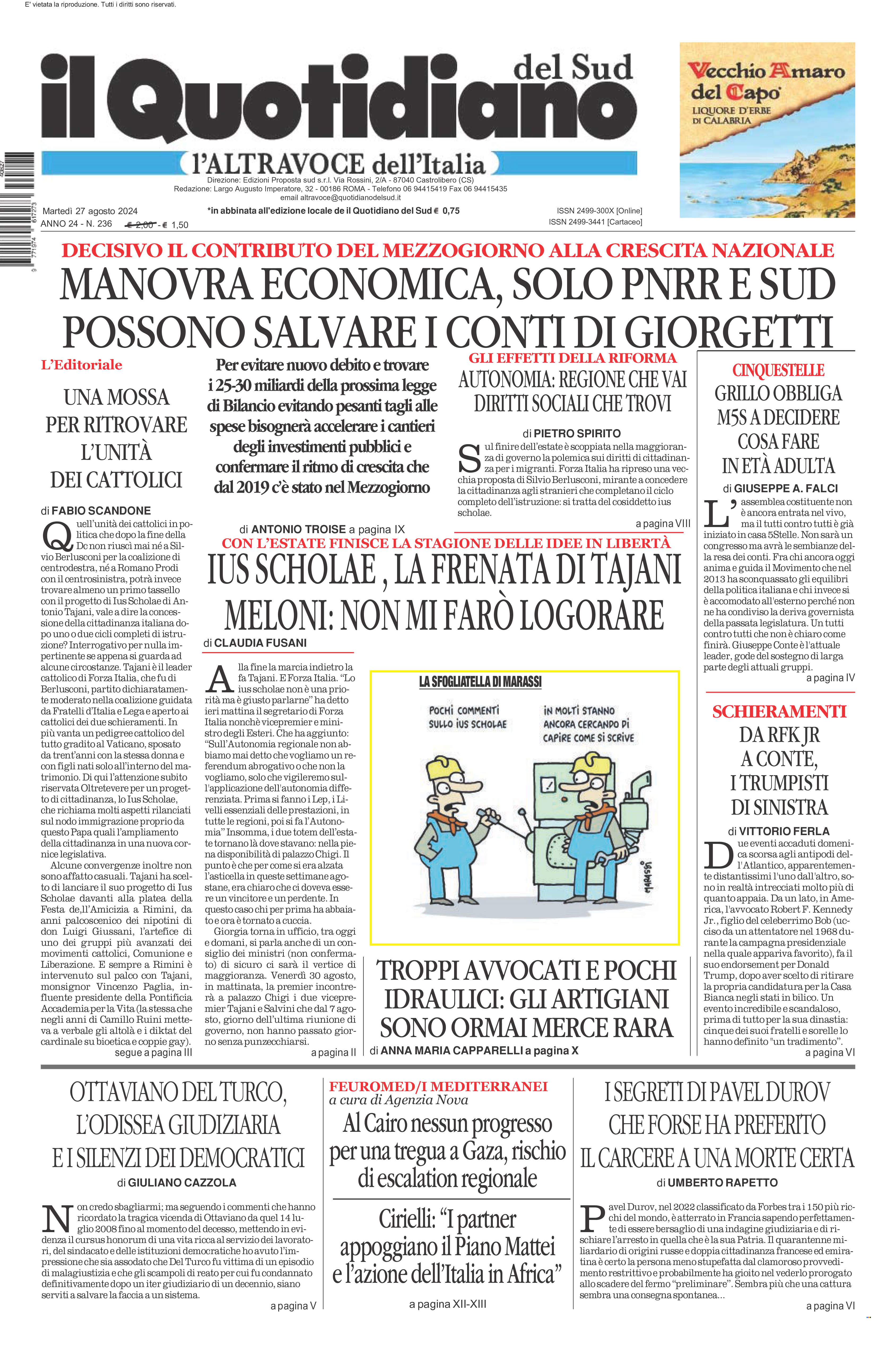 La prima pagina de l’ALTRAVOCE dell’ITALIA in edicola oggi