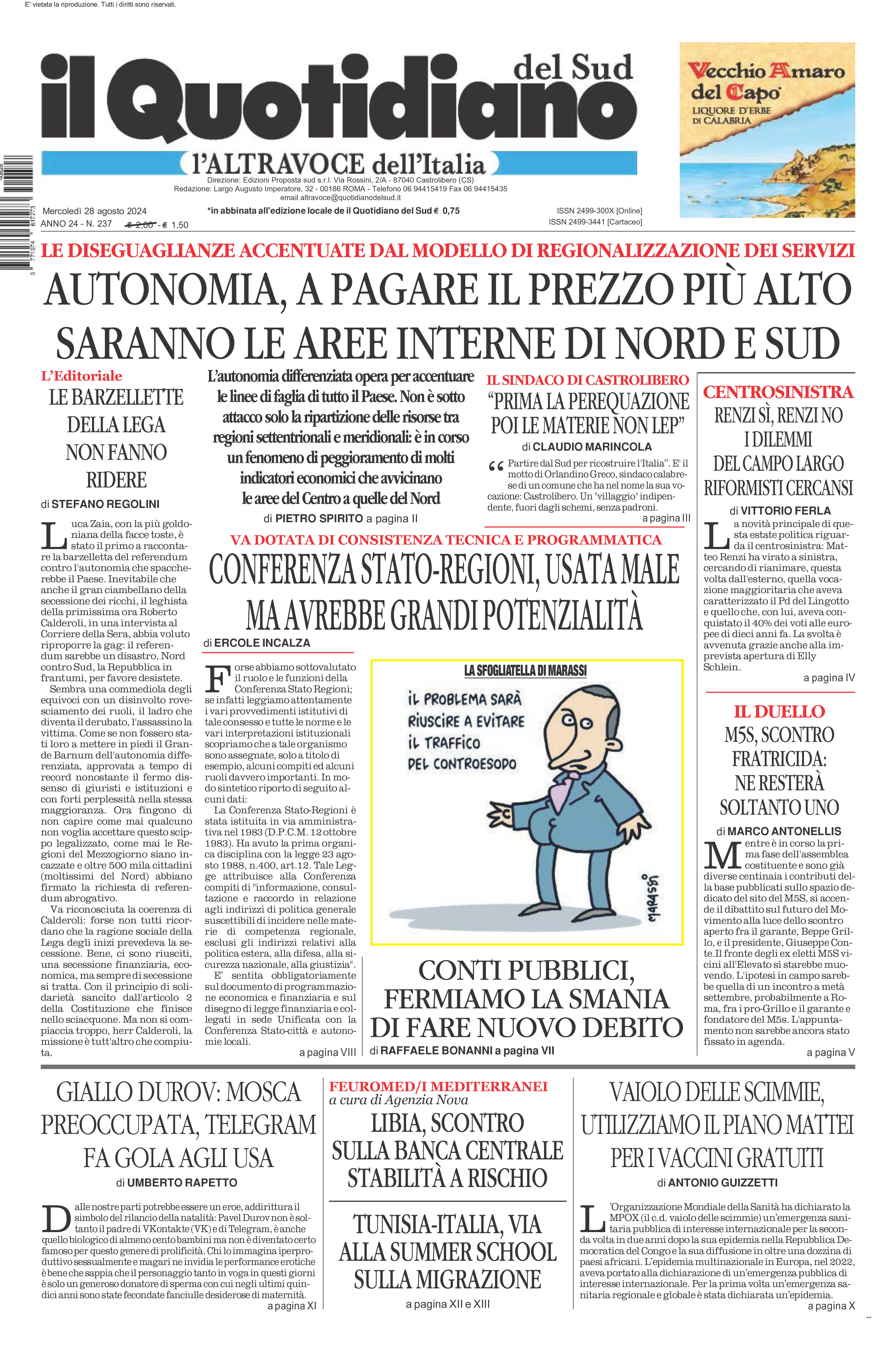 La prima pagina de l’ALTRAVOCE dell’ITALIA in edicola oggi