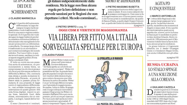 La prima pagina de l’ALTRAVOCE dell’ITALIA in edicola oggi