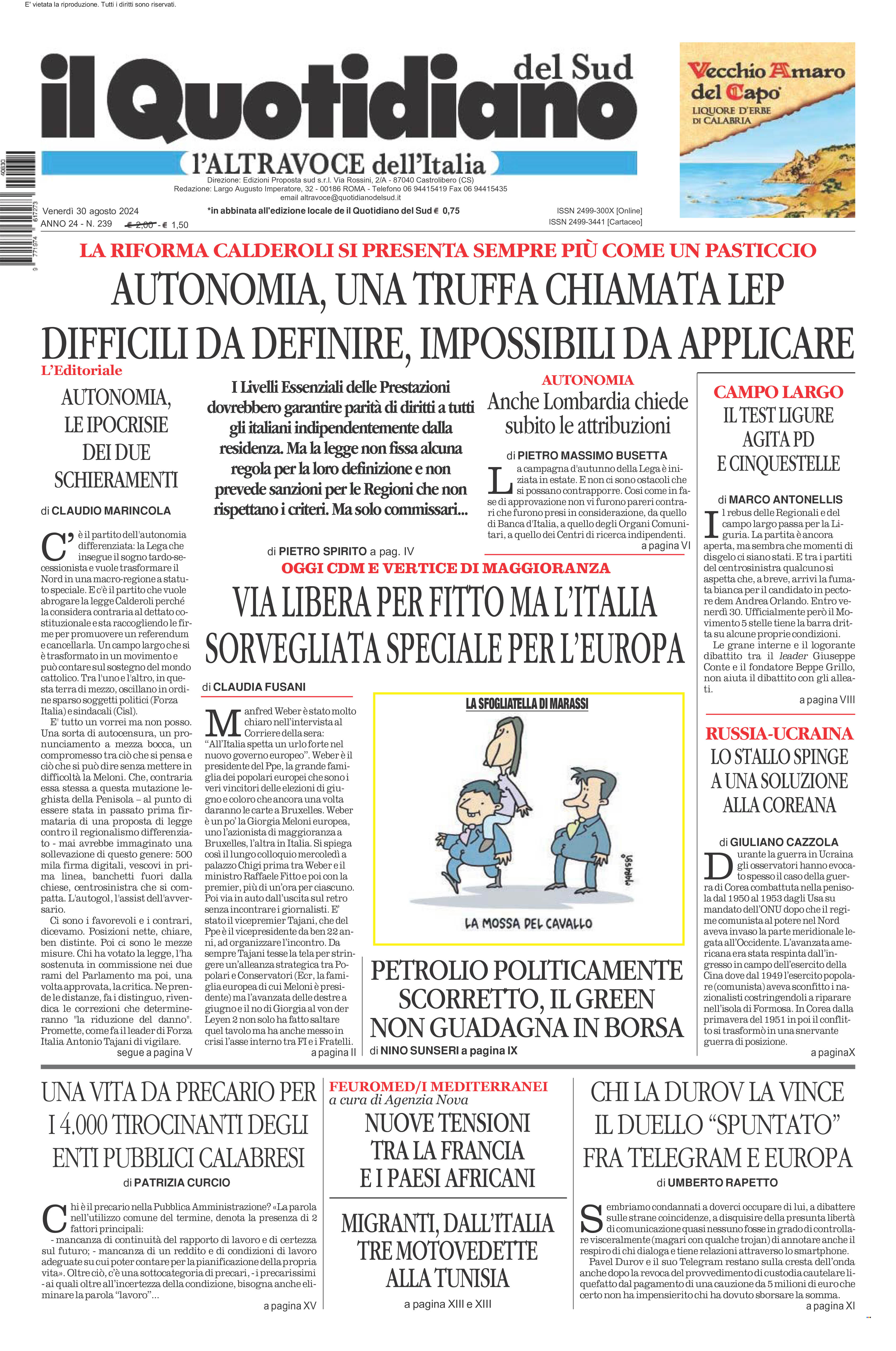 La prima pagina de l’ALTRAVOCE dell’ITALIA in edicola oggi