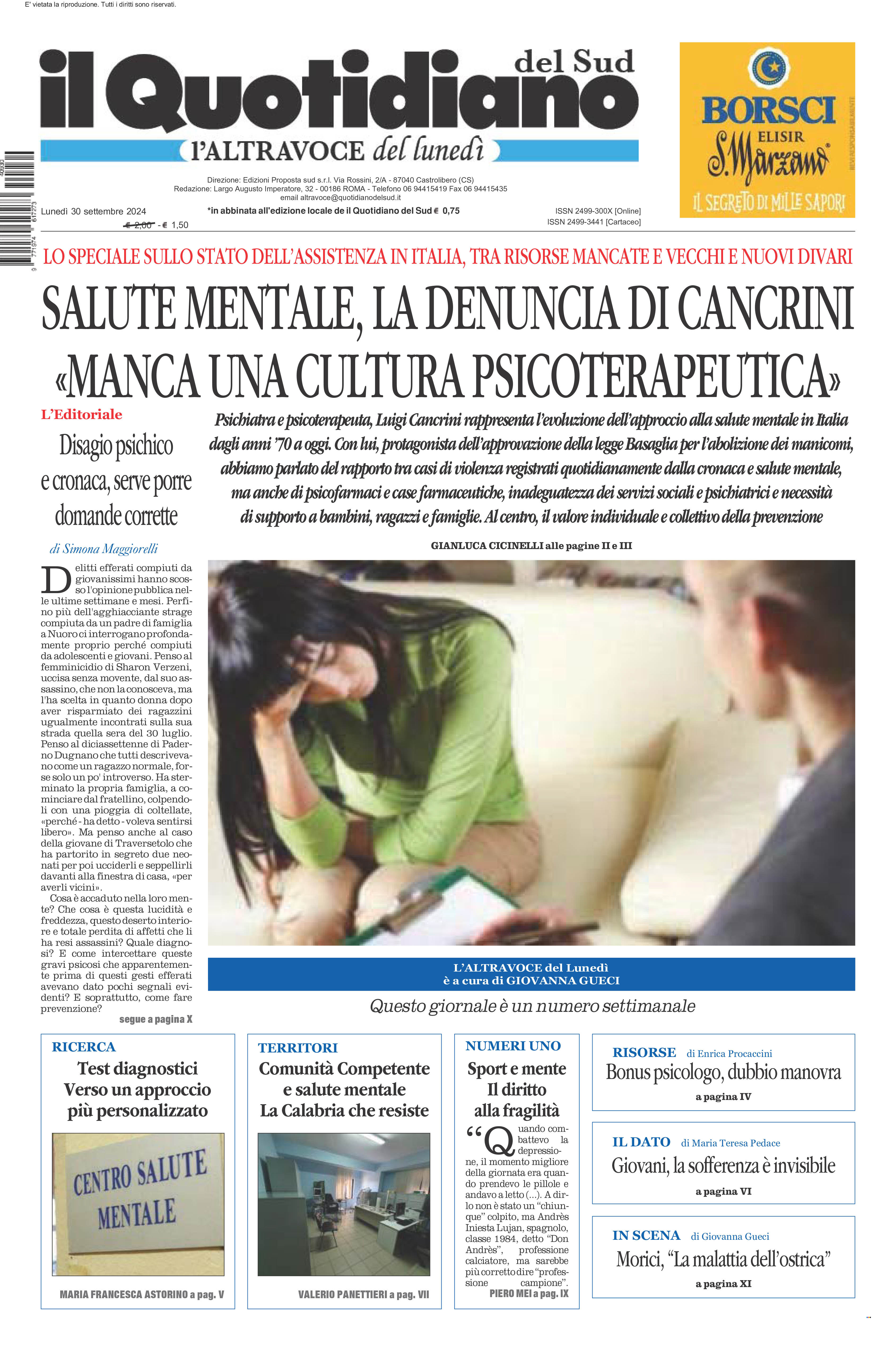 La prima pagina de l’ALTRAVOCE dell’ITALIA in edicola oggi