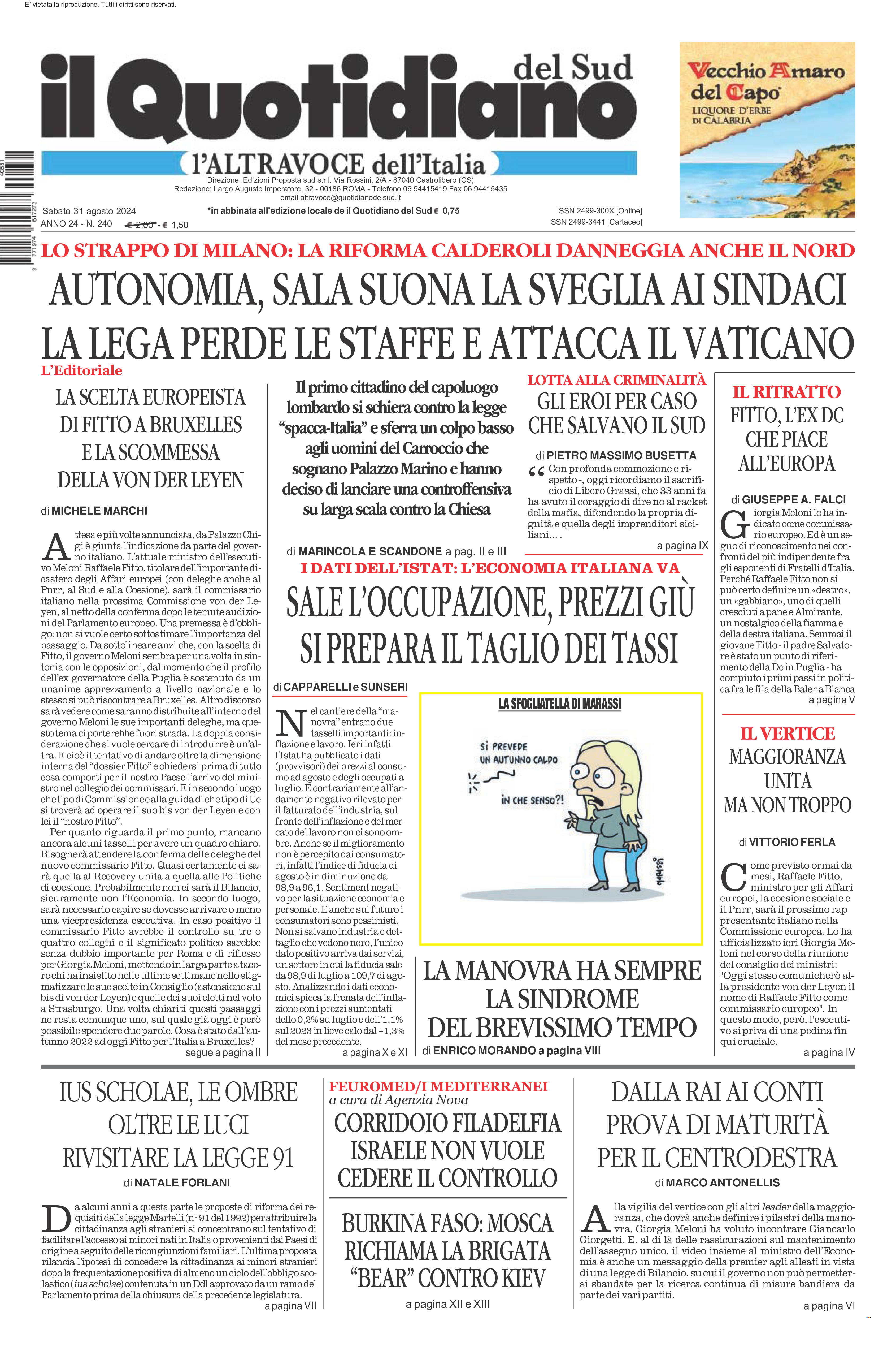 La prima pagina de l’ALTRAVOCE dell’ITALIA in edicola oggi