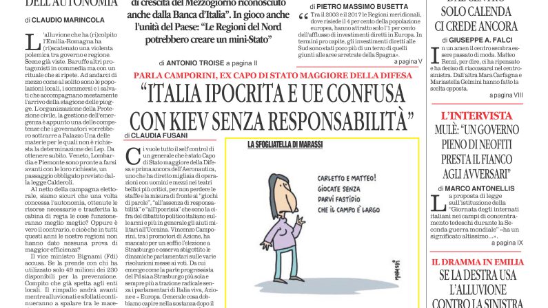 La prima pagina de l’ALTRAVOCE dell’ITALIA in edicola oggi