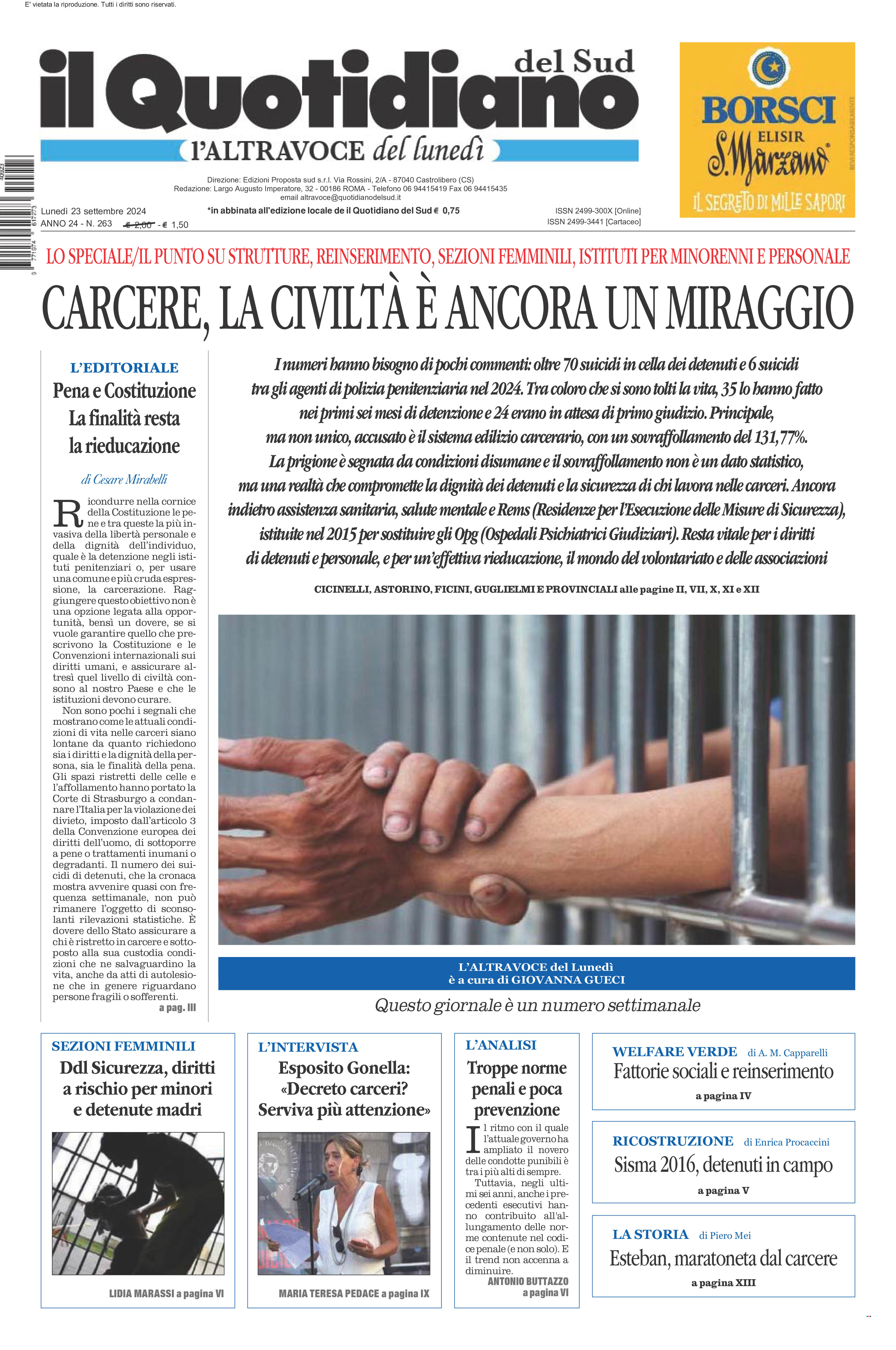 La prima pagina de l’ALTRAVOCE dell’ITALIA in edicola oggi