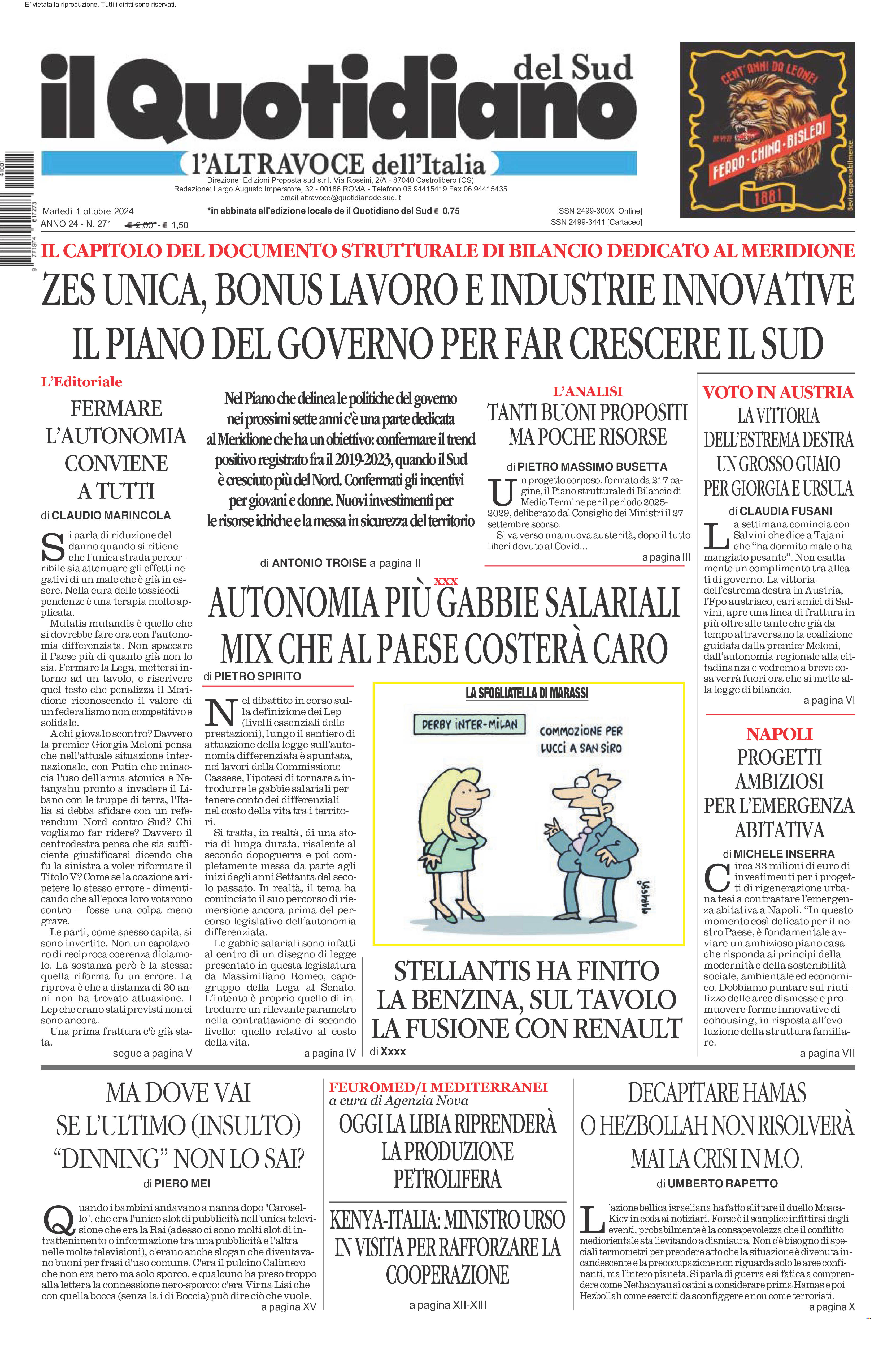 La prima pagina de l’ALTRAVOCE dell’ITALIA in edicola oggi