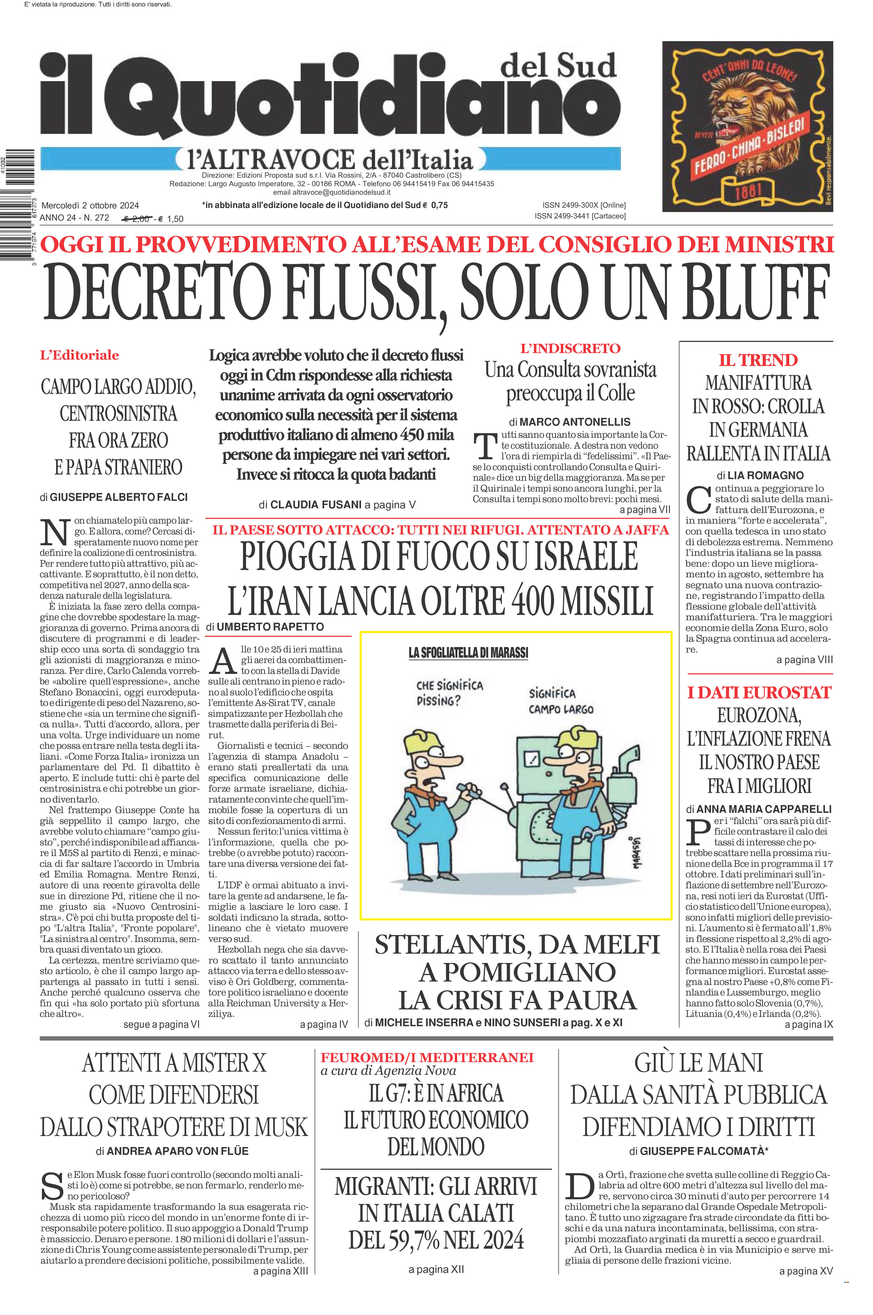 La prima pagina de l’ALTRAVOCE dell’ITALIA in edicola oggi