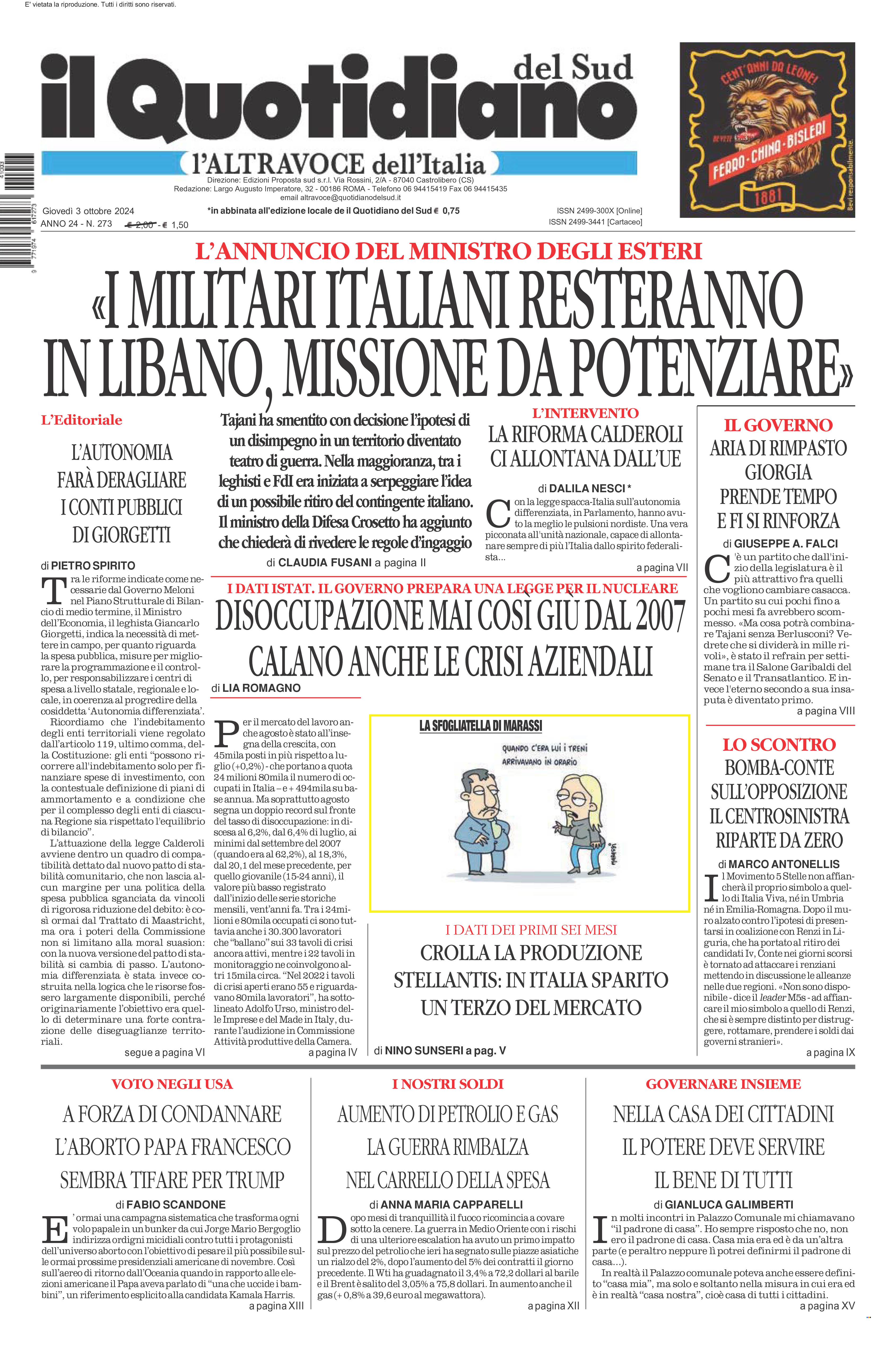 La prima pagina de l’ALTRAVOCE dell’ITALIA in edicola oggi