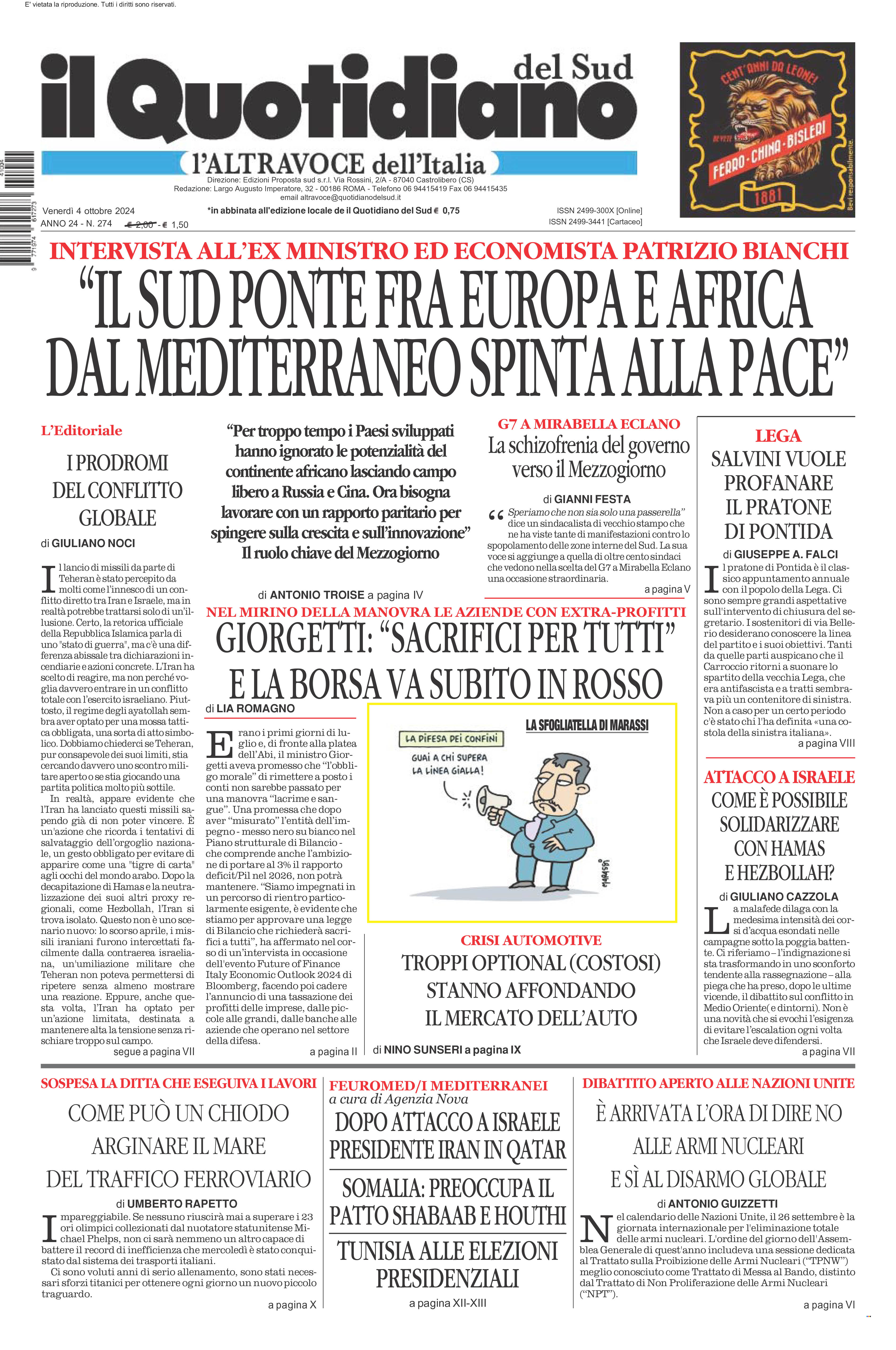 La prima pagina de l’ALTRAVOCE dell’ITALIA in edicola oggi