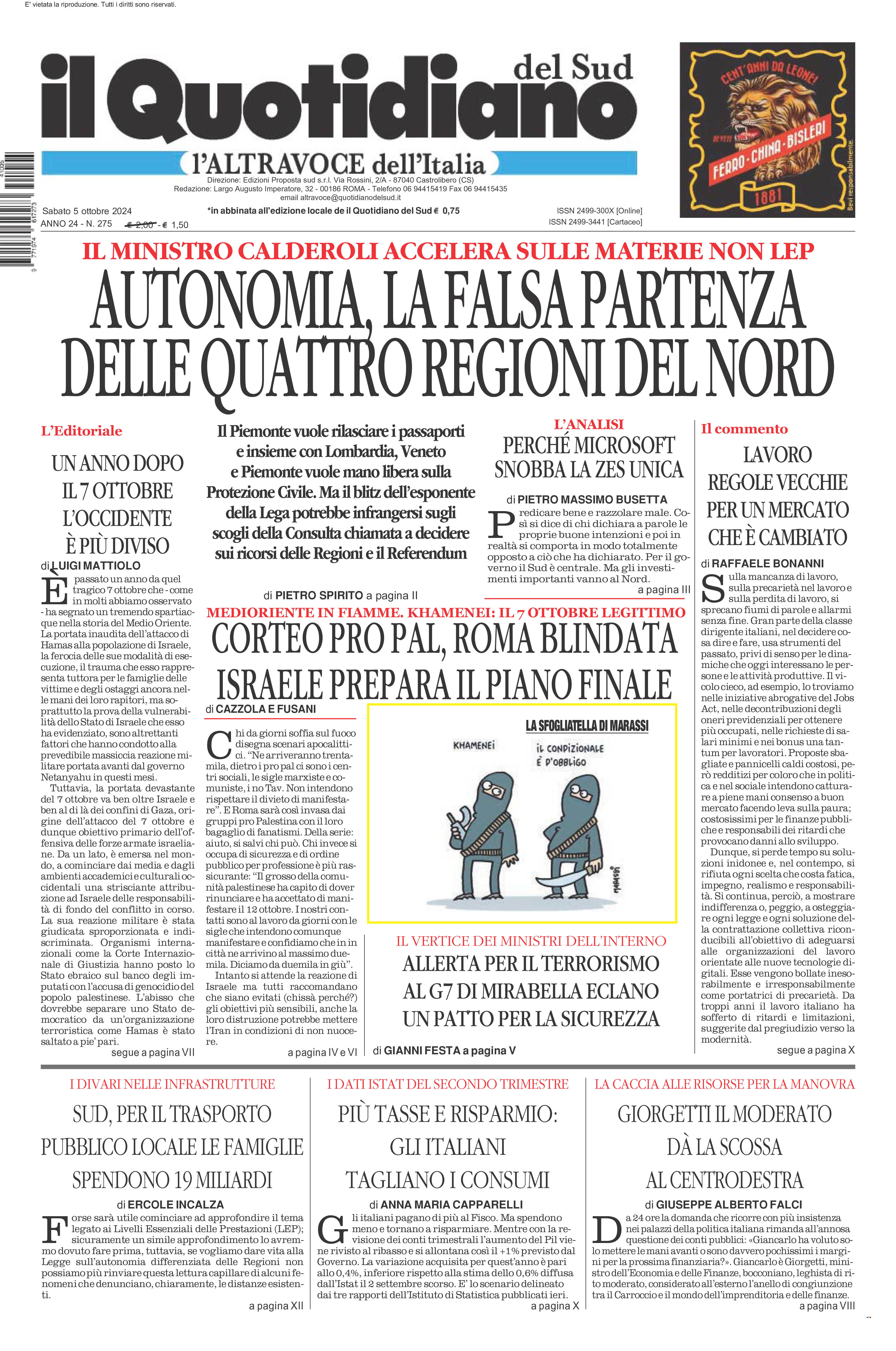 La prima pagina de l’ALTRAVOCE dell’ITALIA in edicola oggi