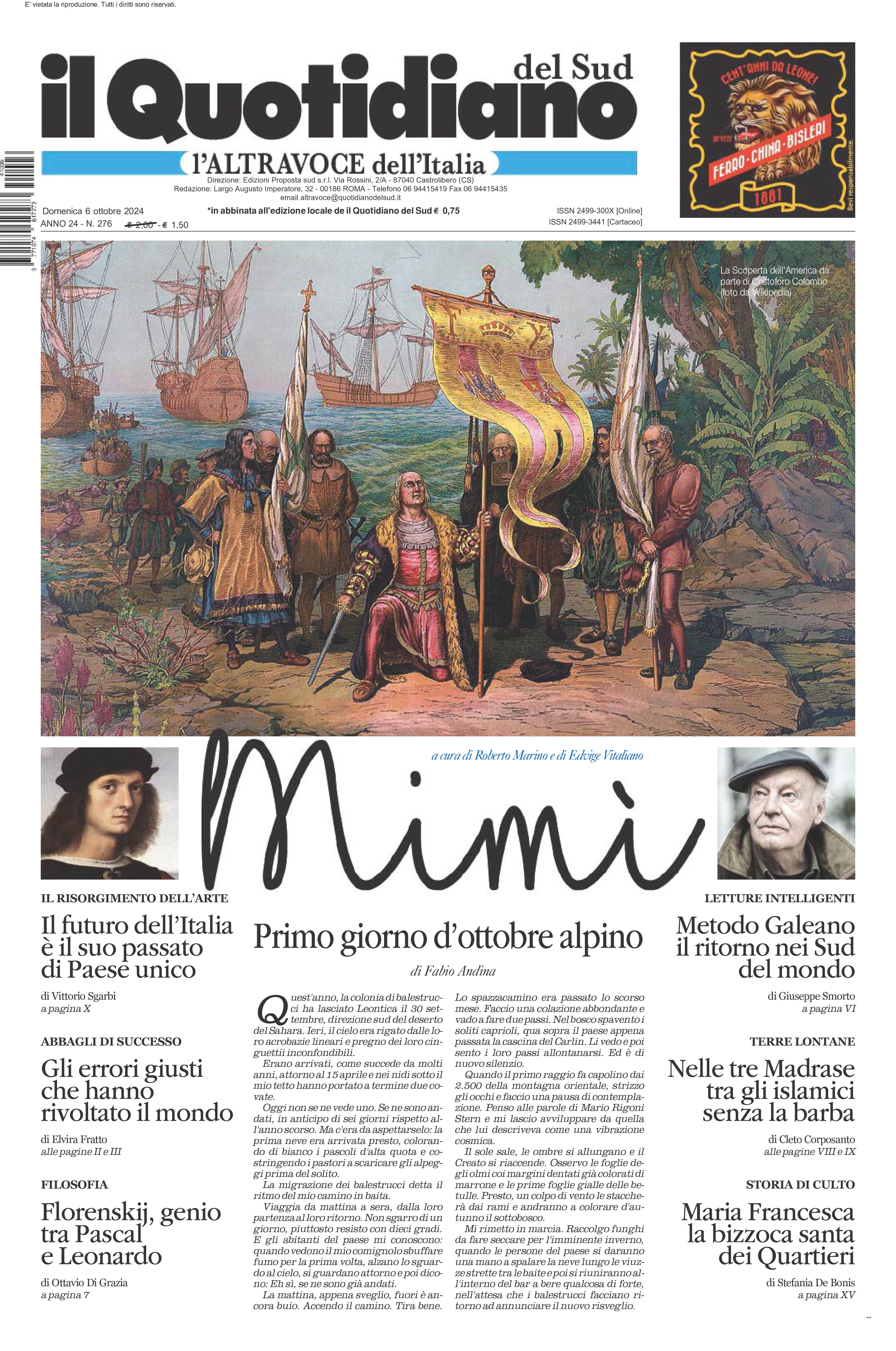 La prima pagina de l’ALTRAVOCE dell’ITALIA in edicola oggi