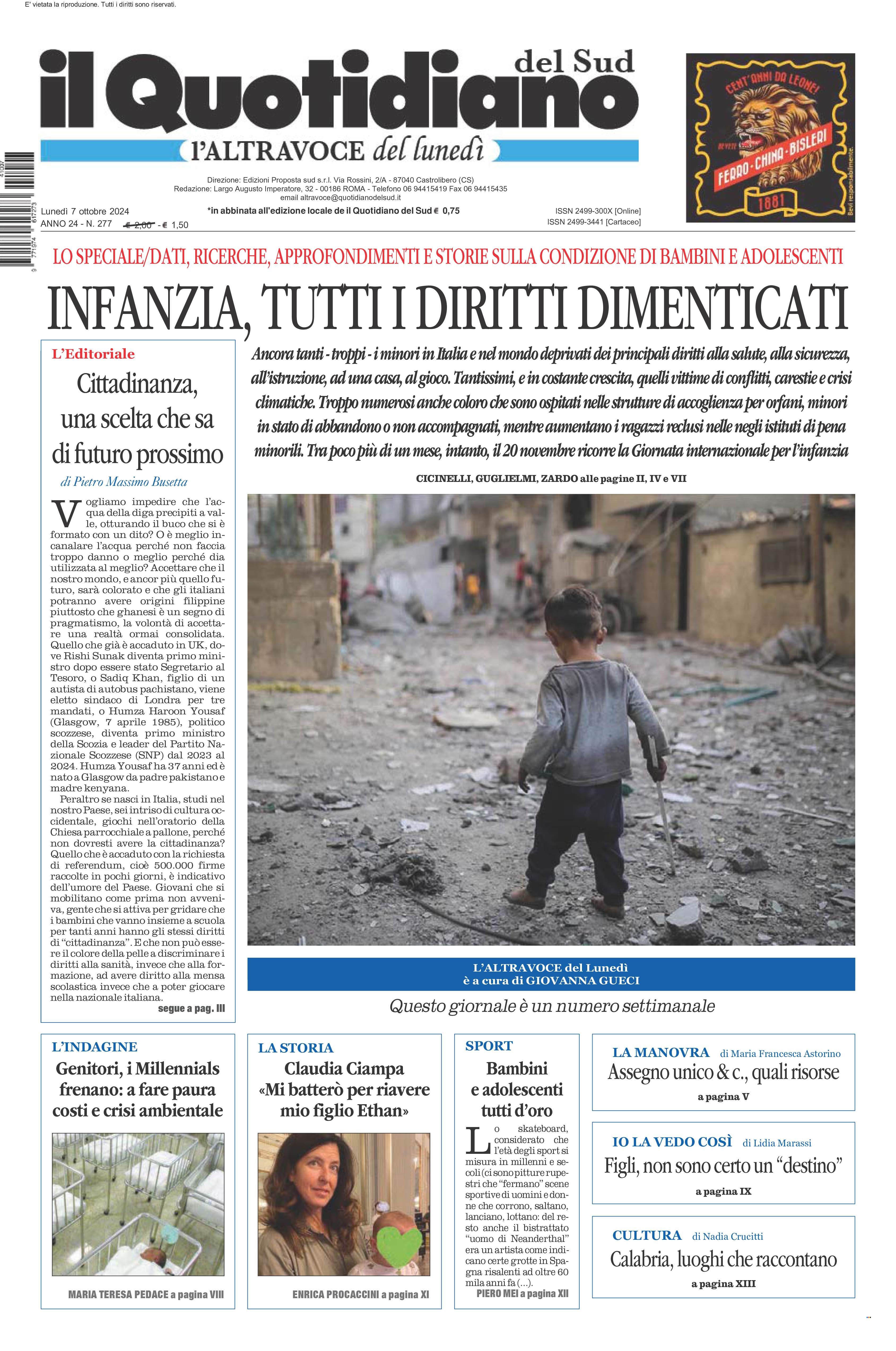 La prima pagina de l’ALTRAVOCE dell’ITALIA in edicola oggi