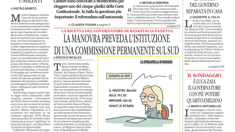 La prima pagina de l’ALTRAVOCE dell’ITALIA in edicola oggi